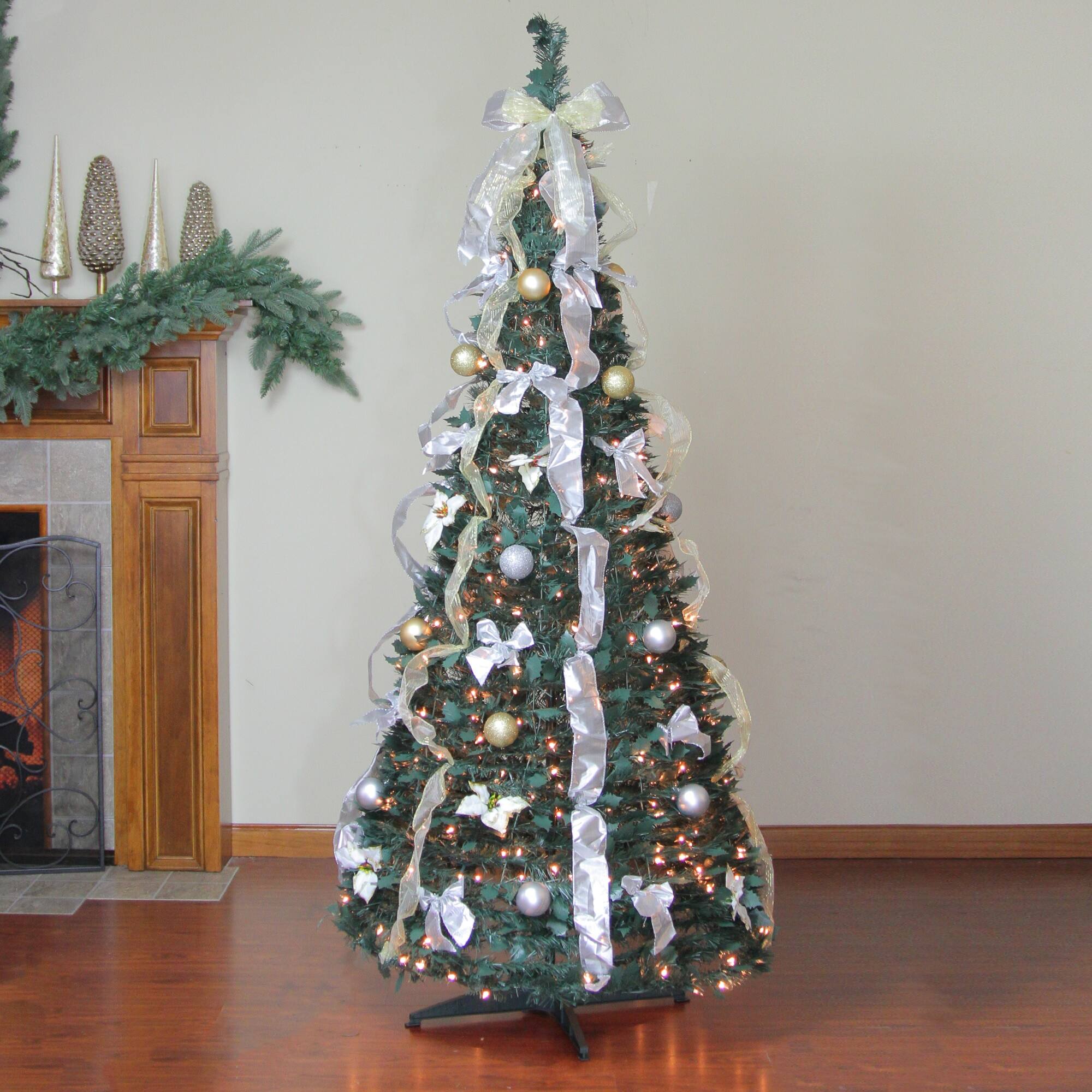 6ft. Pre-Lit Silver &#x26; Gold Decorated Pop-Up Artificial Christmas Tree, Clear Lights