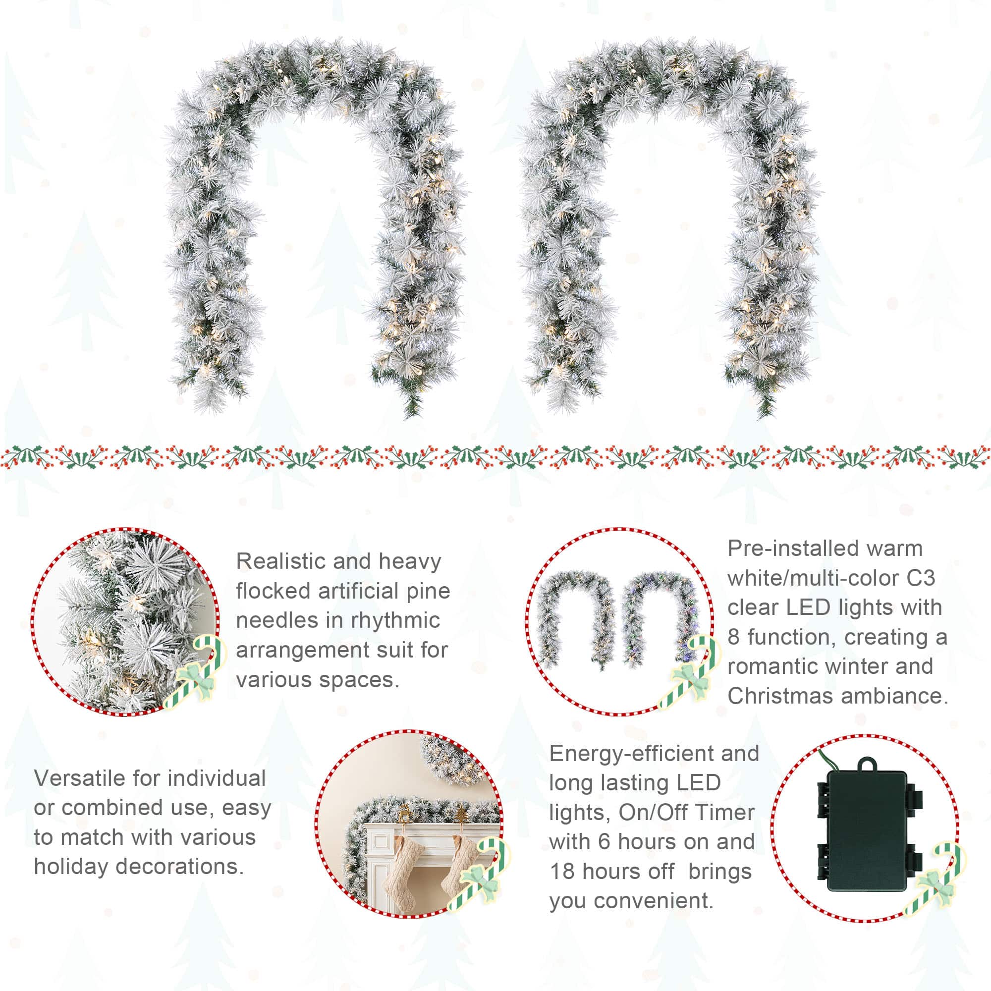 Glitzhome® 6ft Pre-Lit Snow Flocked Greenery Pine Christmas Garland with Timer, 2ct.