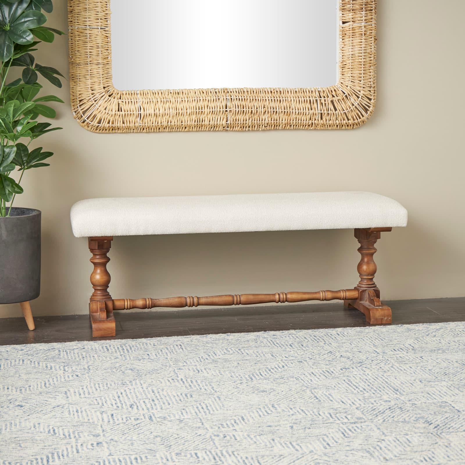 Cream Fabric Bench with Brown Turned Legs