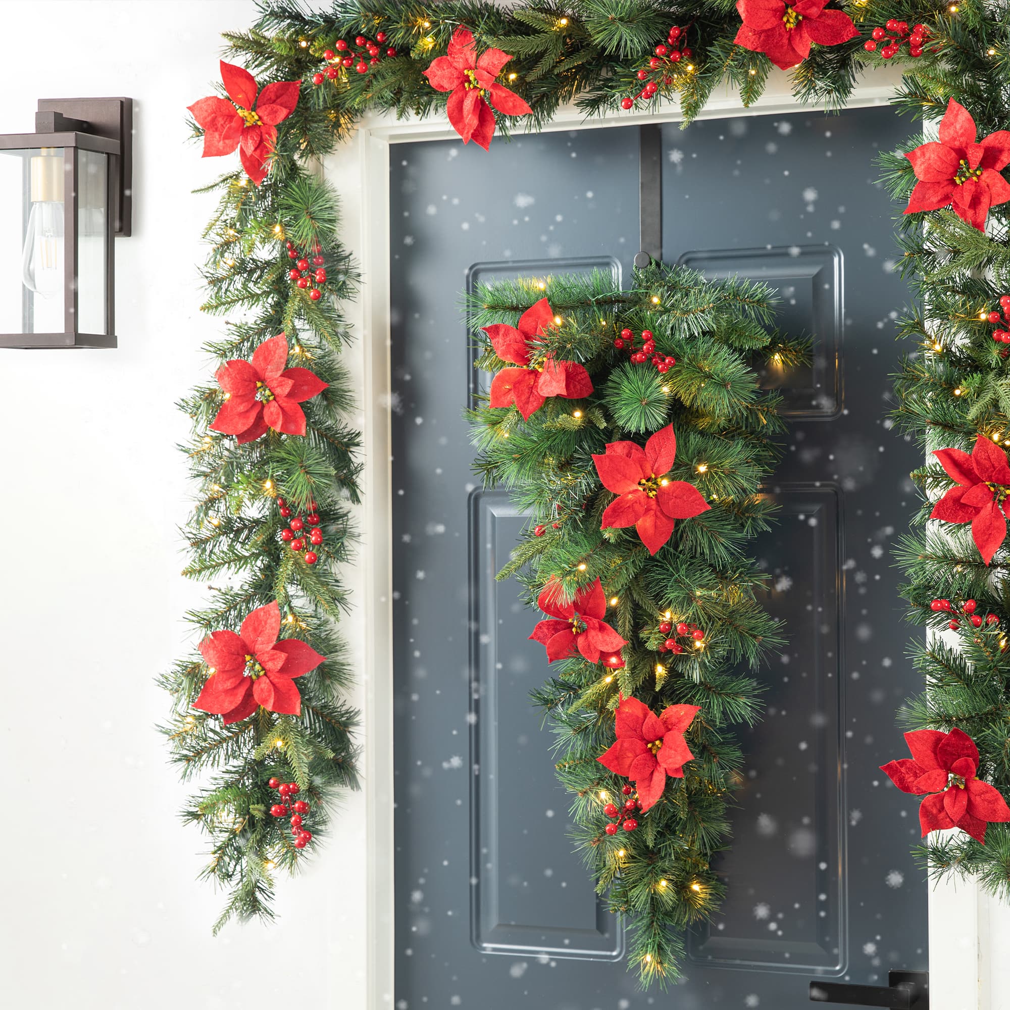 Glitzhome&#xAE; 3ft. Pre-Lit Pine, Poinsettia &#x26; Berries Christmas Teardrop Swag