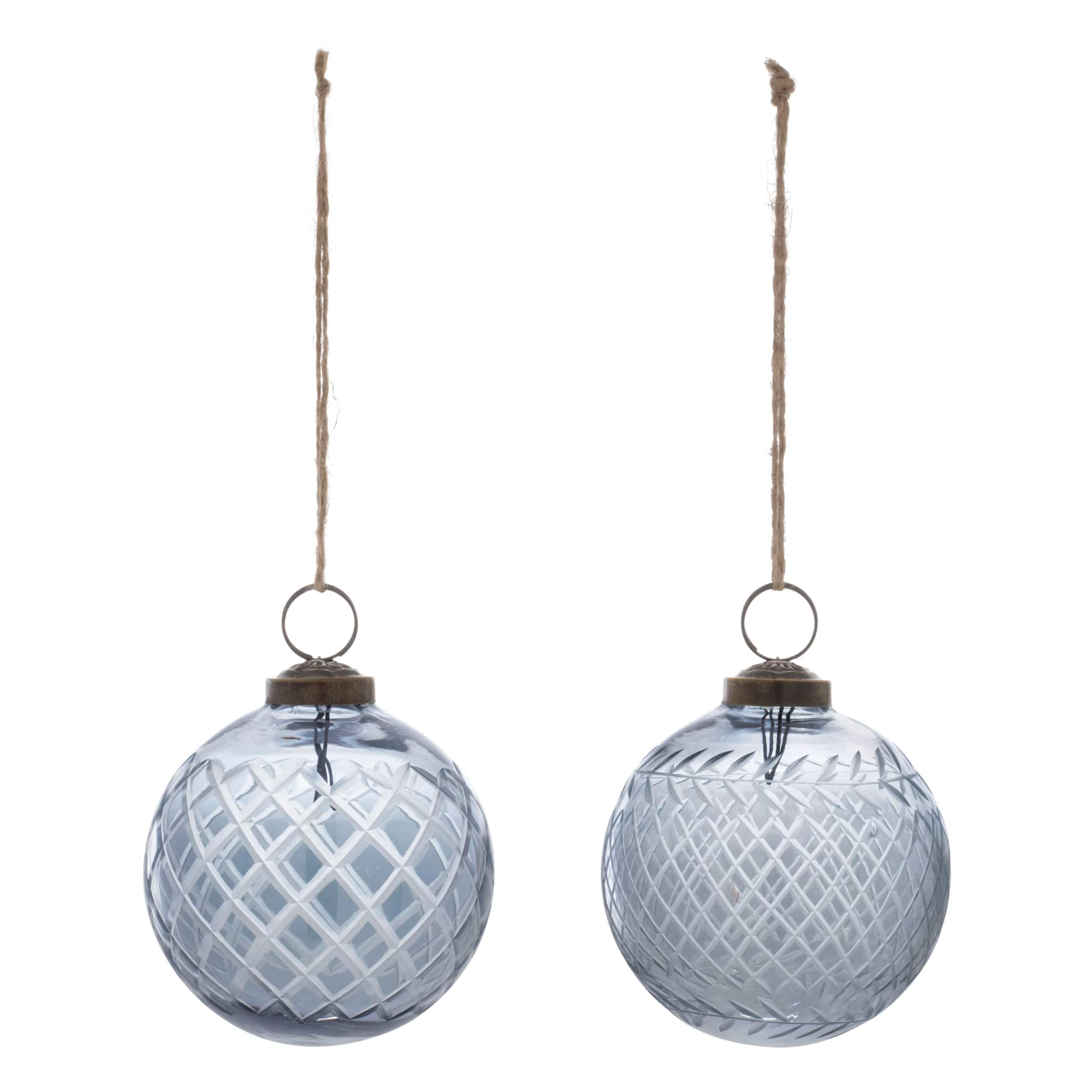 Blue Harlequin Etched Glass Ball Ornament Set