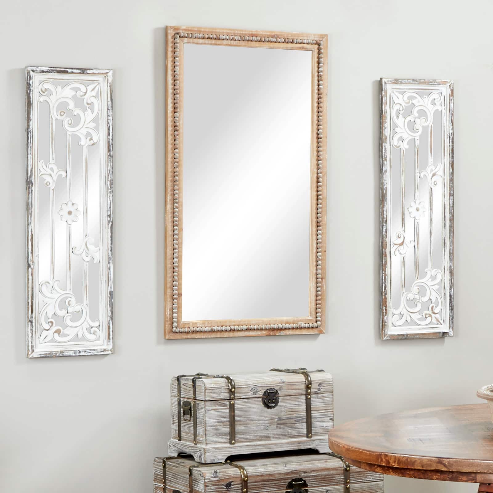 48" Light Brown Boho Style Wood Wall Mirror