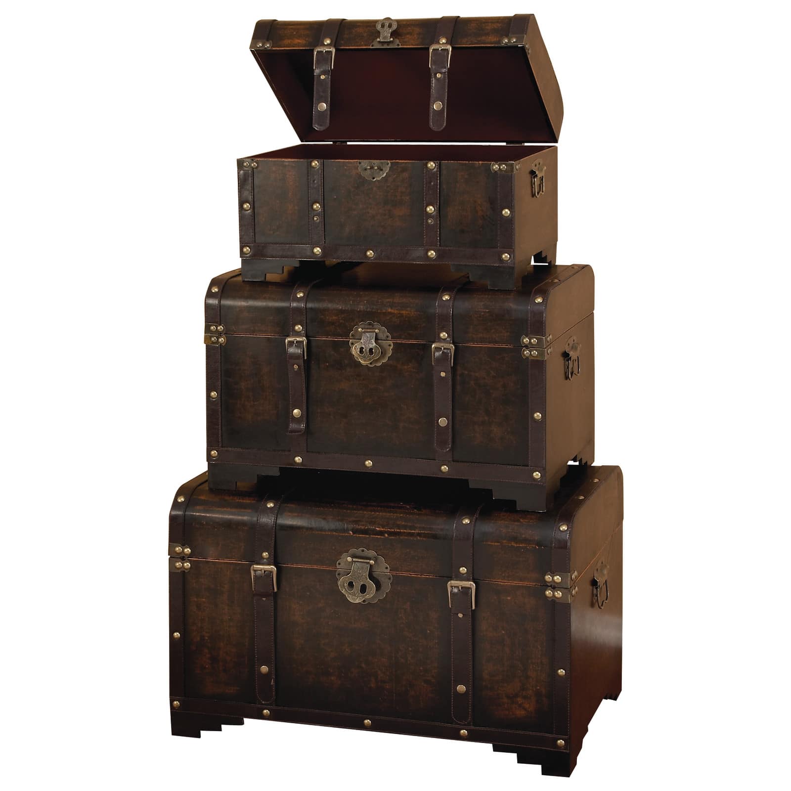 Set of 3&#x22; Brown Wood Traditional Trunk, 28&#x22;, 24&#x22;, 20&#x22;