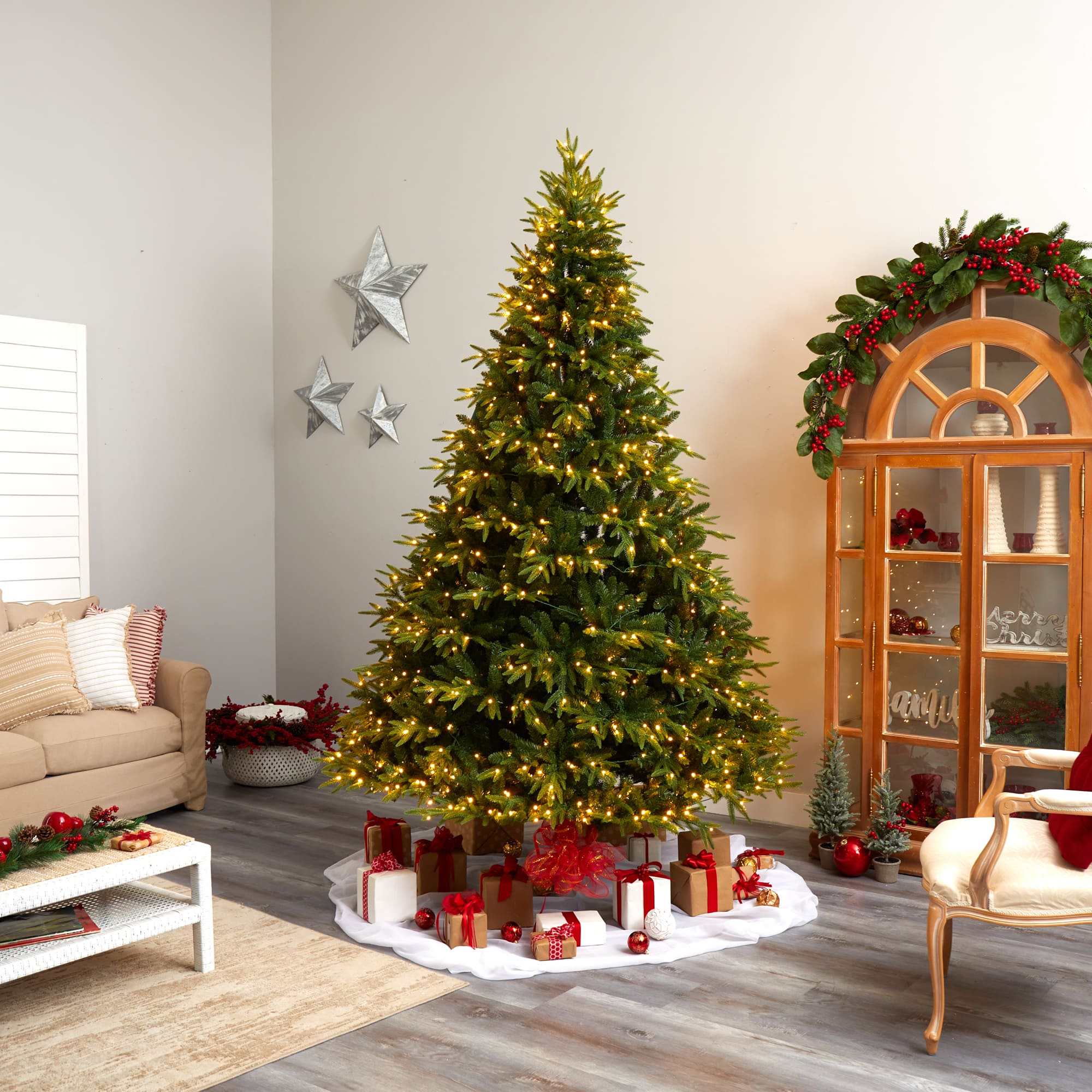 9ft. Pre-Lit Colorado Mountain Fir Natural Look Artificial Christmas Tree, White LED Lights