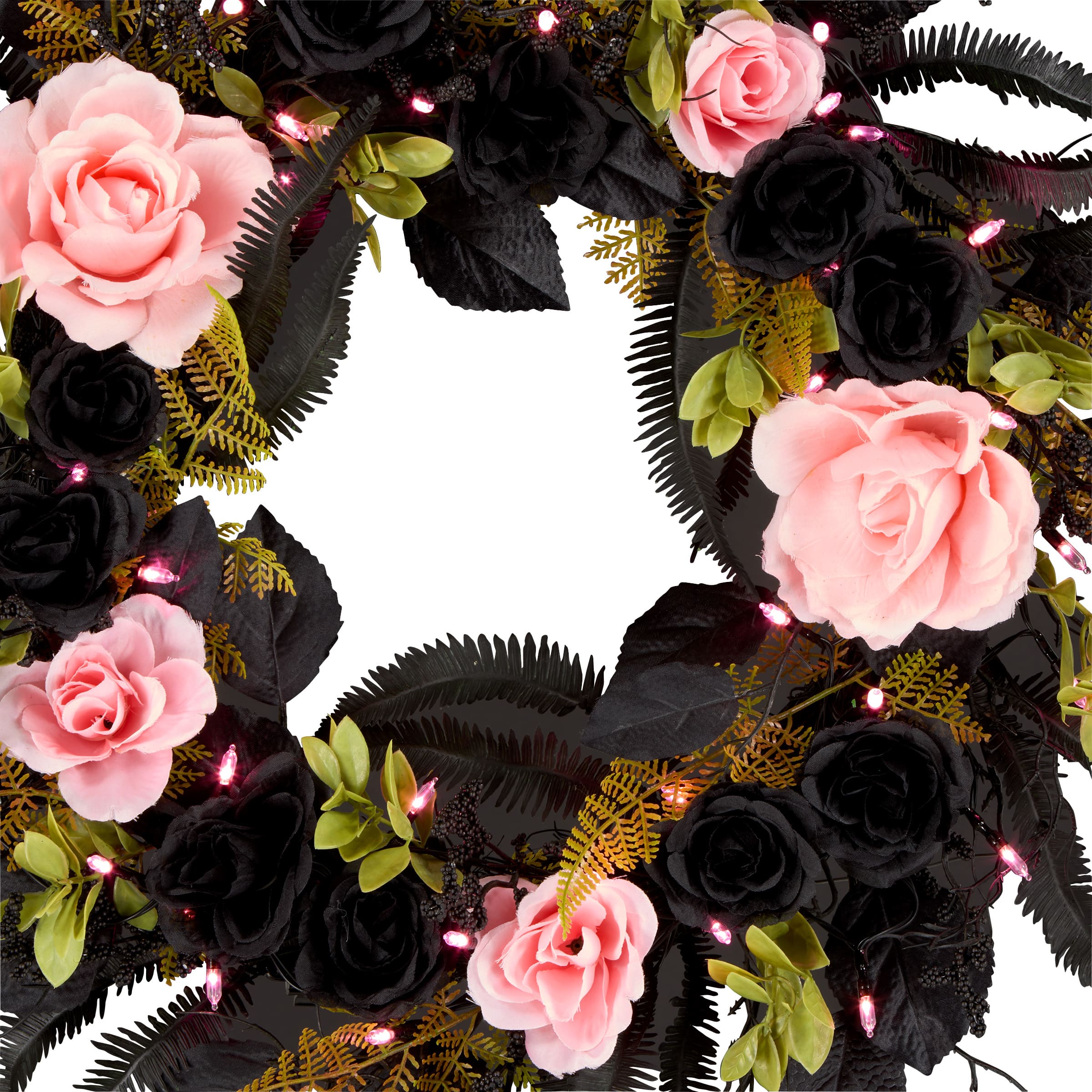24&#x22; Cute &#x26; Creepy Black &#x26; Pink Flower Halloween Pre-Lit LED Wreath