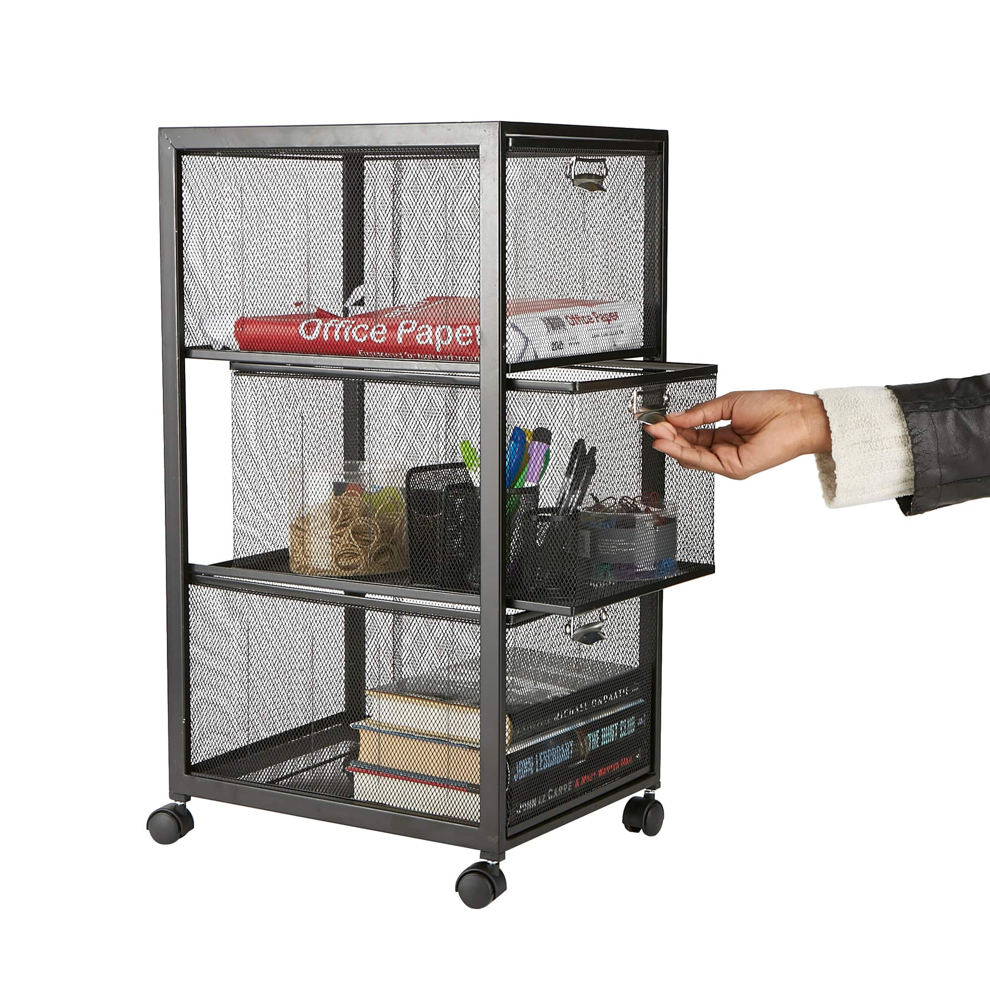 Mind Reader Black 3 Drawer Rolling File Cabinet