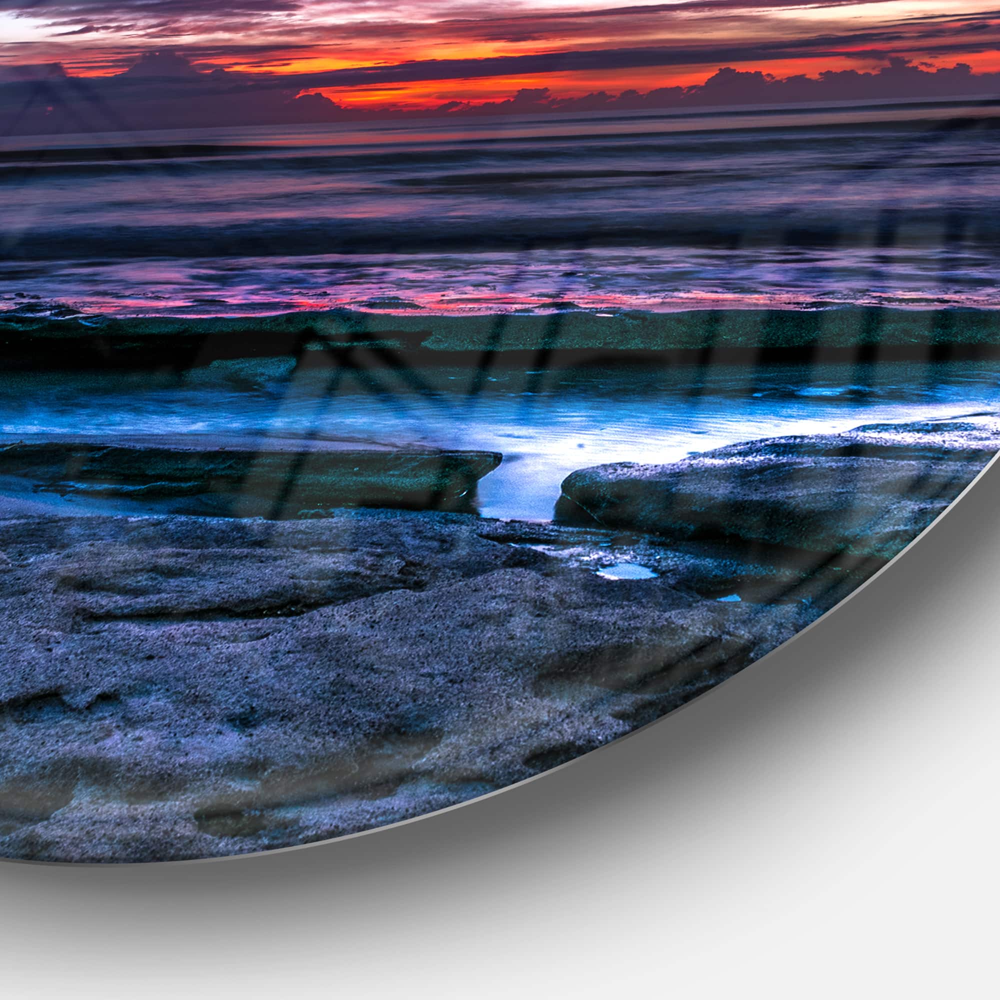 Designart - Exotic Dark Blue Coquina Dawn' Beach Photo Metal Circle Wall Art