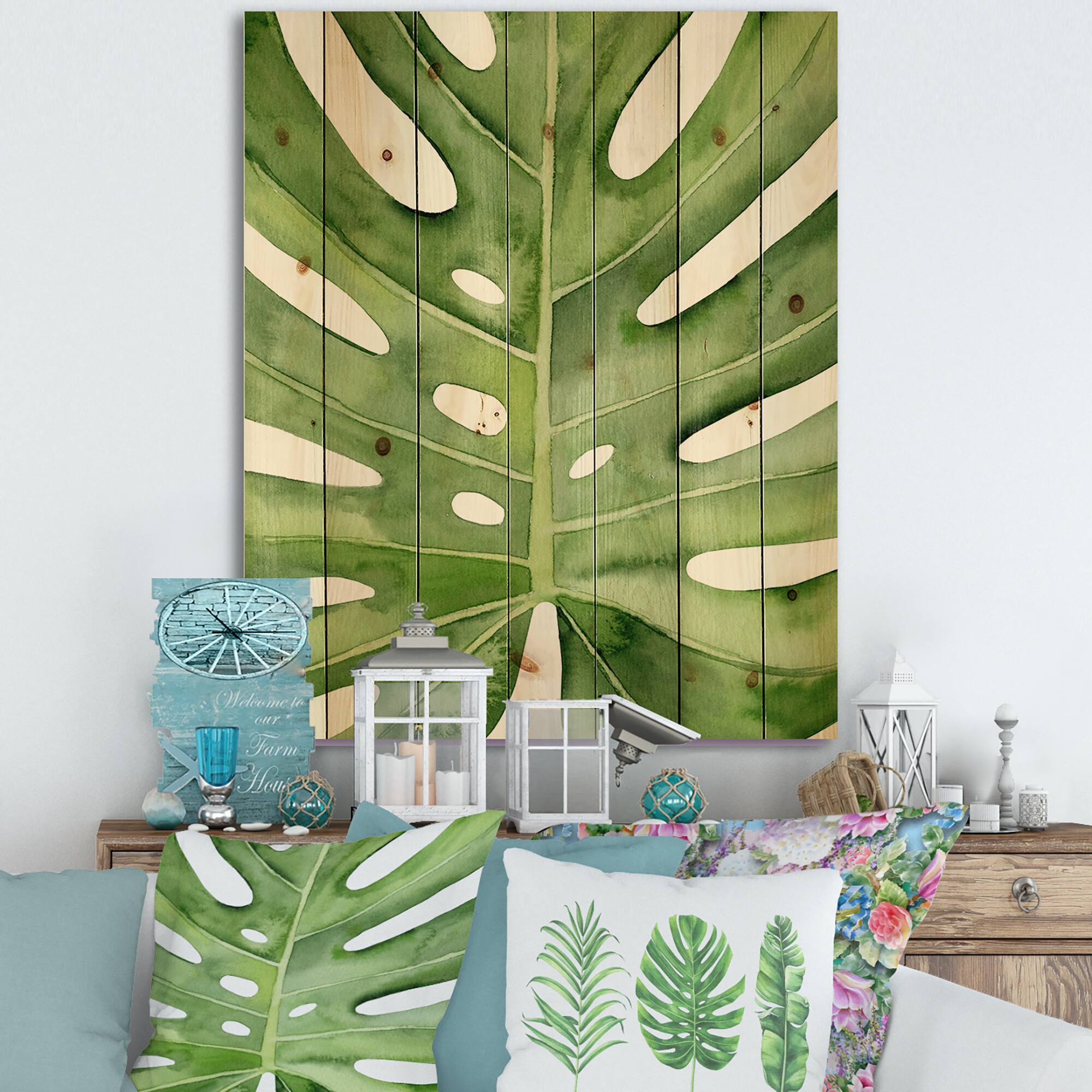 Designart - Green Monstera Leaf Tropical Palm Botanical Detail - Tropical Print on Natural Pine Wood