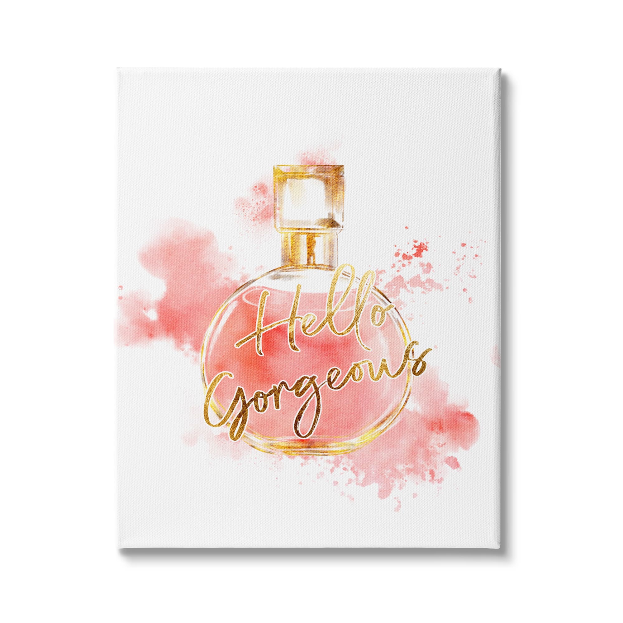 Stupell Industries Hello Gorgeous Fashion Cosmetic Perfume bottle Pink Watercolor Canvas Wall Art