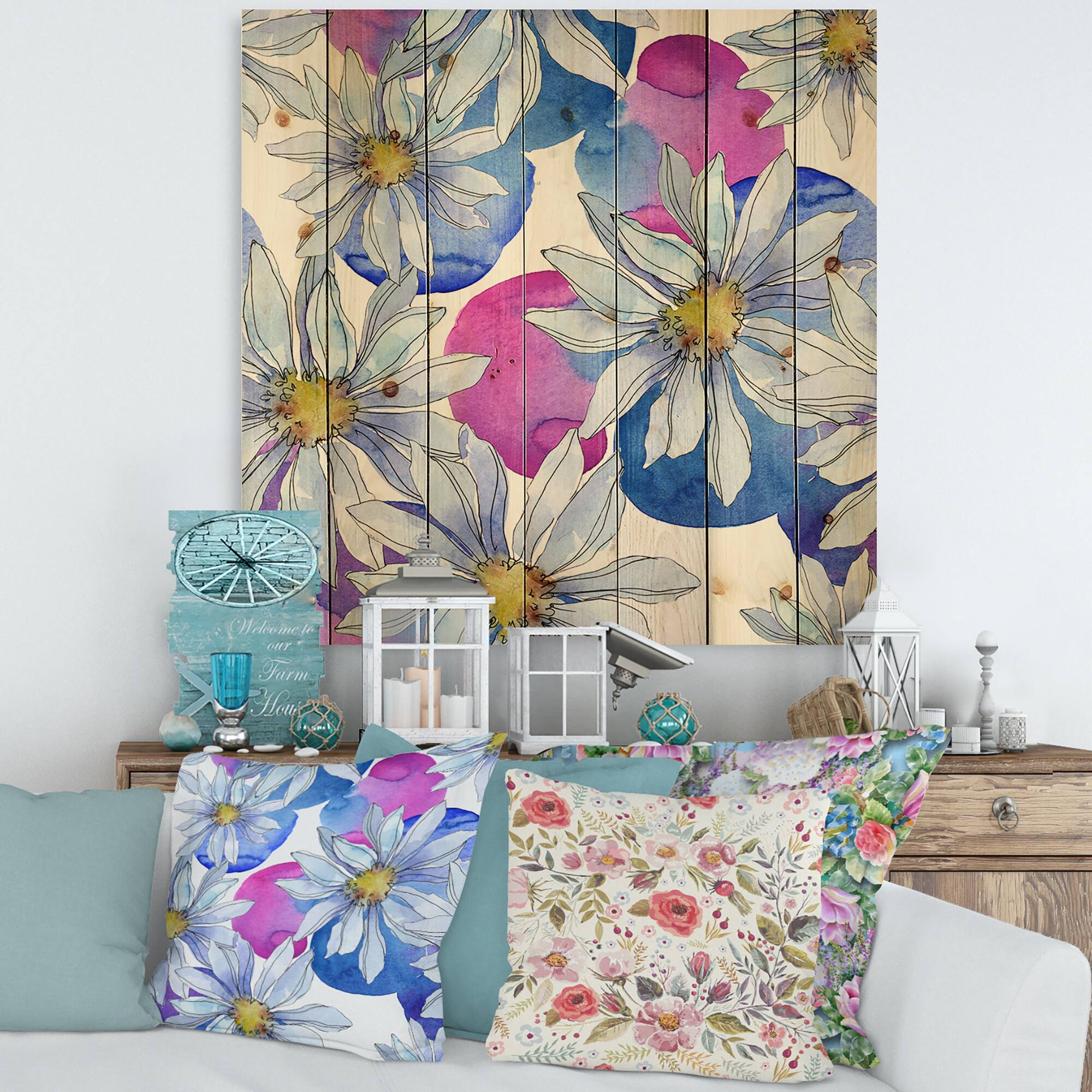 Designart - Daisies With Green Leaves I - Traditional Print on Natural Pine Wood