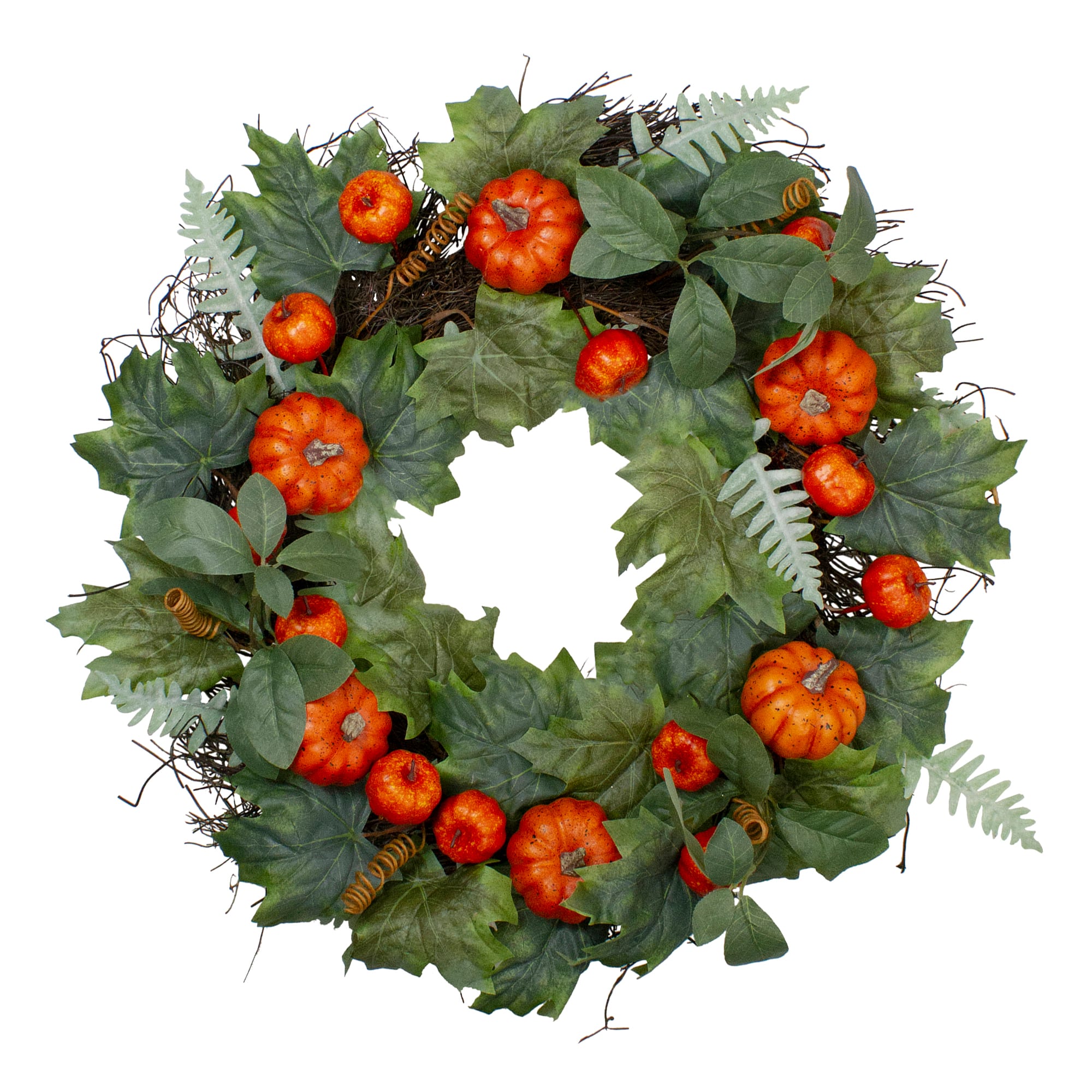 24'' Maple & Fern Leaves w/ Orange Pumpkins Artificial Wreath