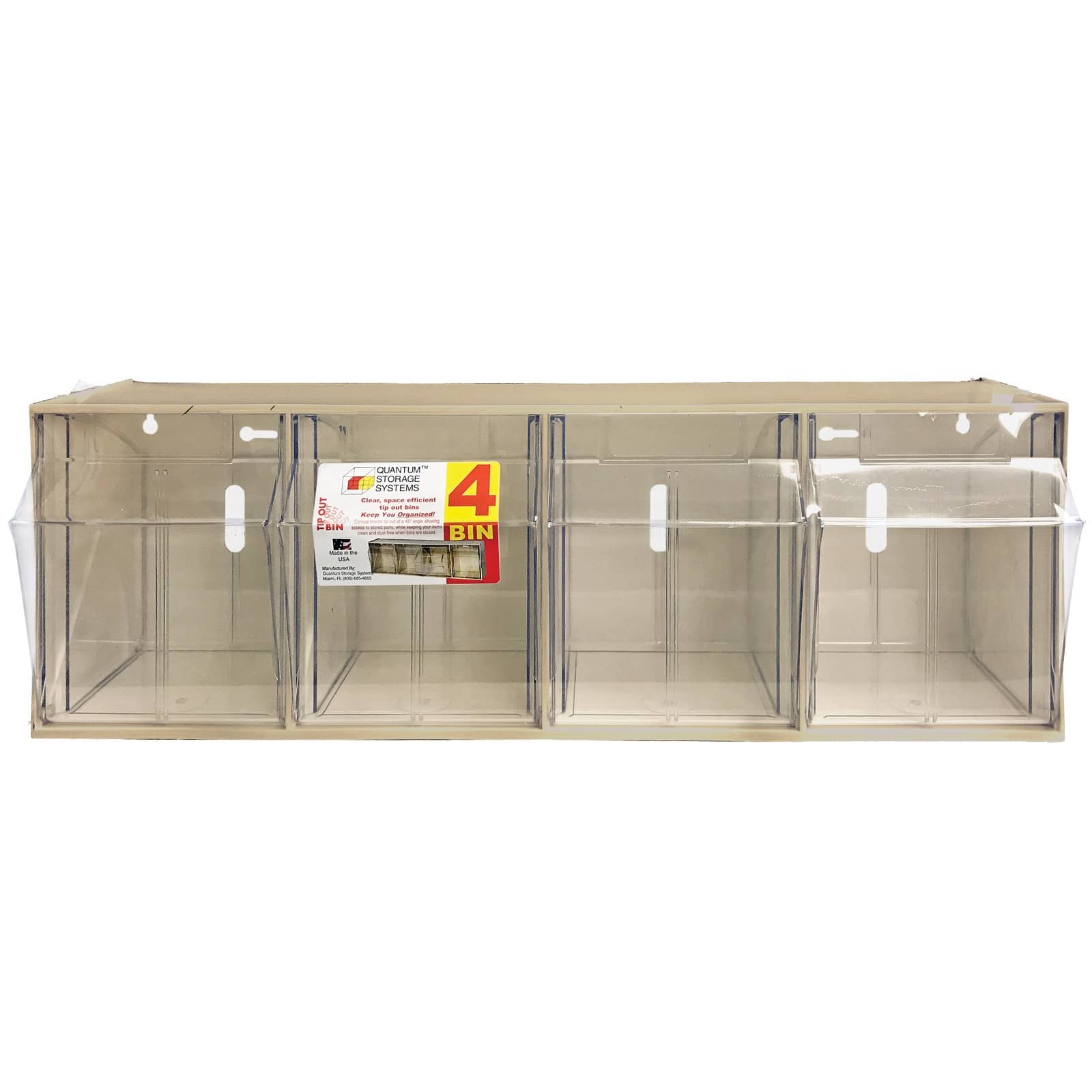 Quantum Storage Systems® 8.125" x 23.625" Ivory 4 Compartment Storage Box with Clear Tip Out Bins