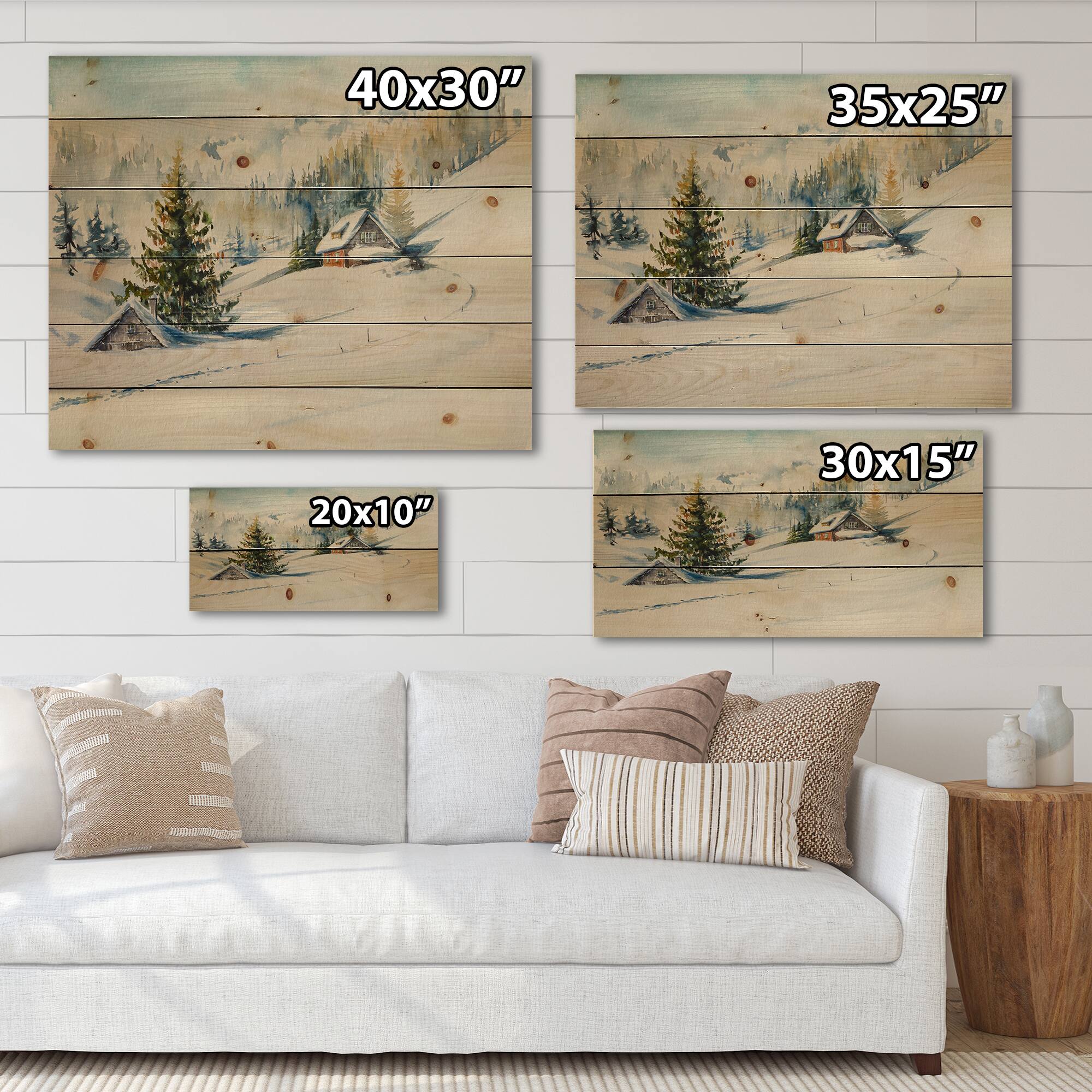 Designart - Little House In The Winter Mountains - Traditional Print on Natural Pine Wood