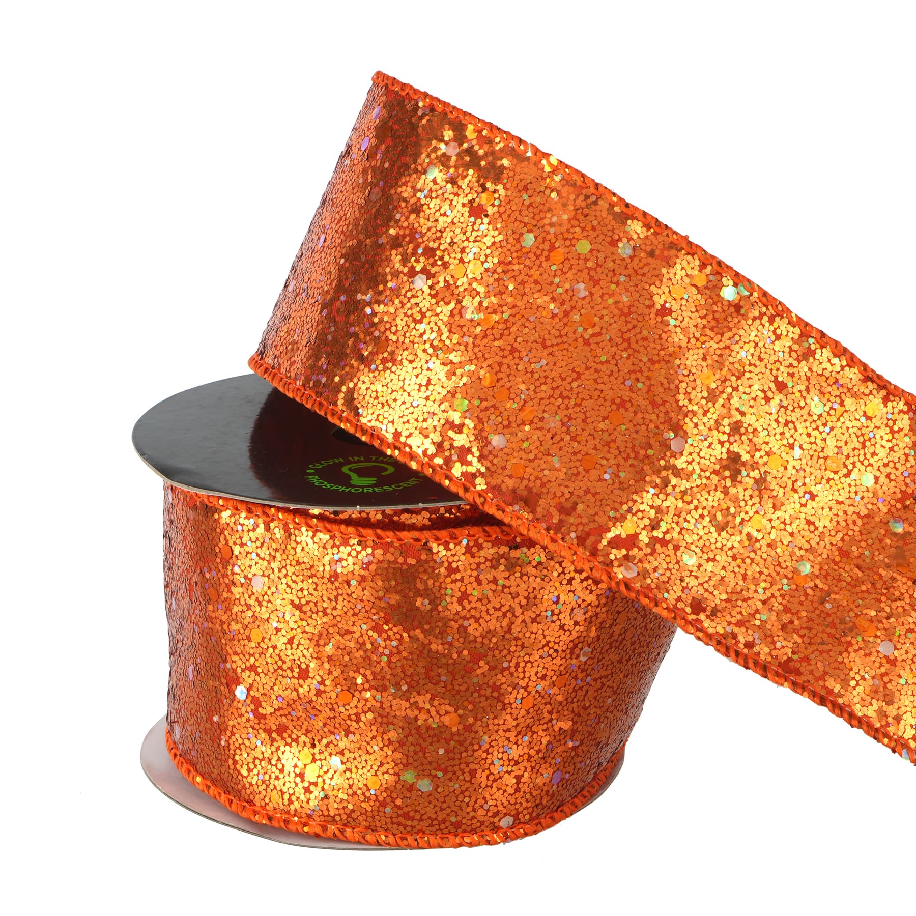 2.5&#x22; x 6.6yd. Orange Glow-in-the-Dark Wired Glitter Taffeta Ribbon by Celebrate It&#xAE;