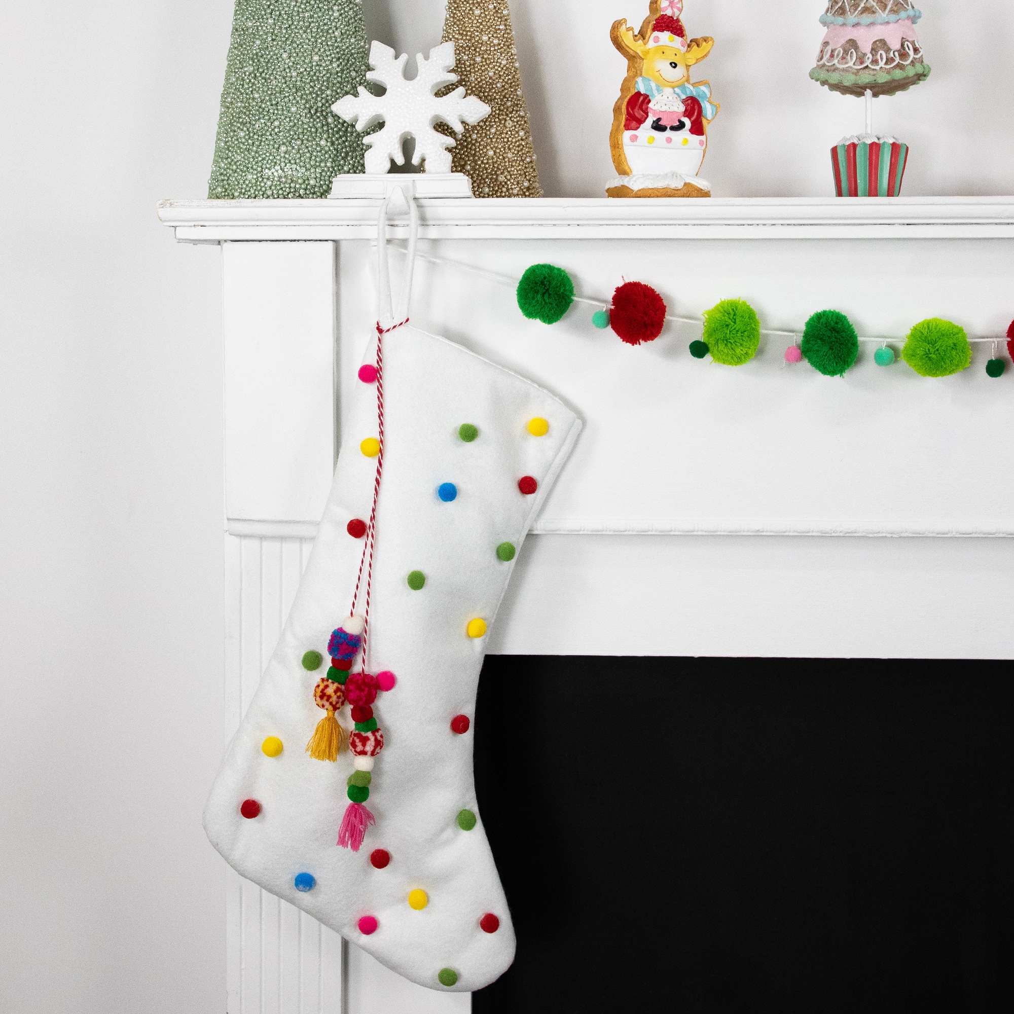 20&#x22; White Christmas Stocking with Multicolor Pom-Poms and Tassels