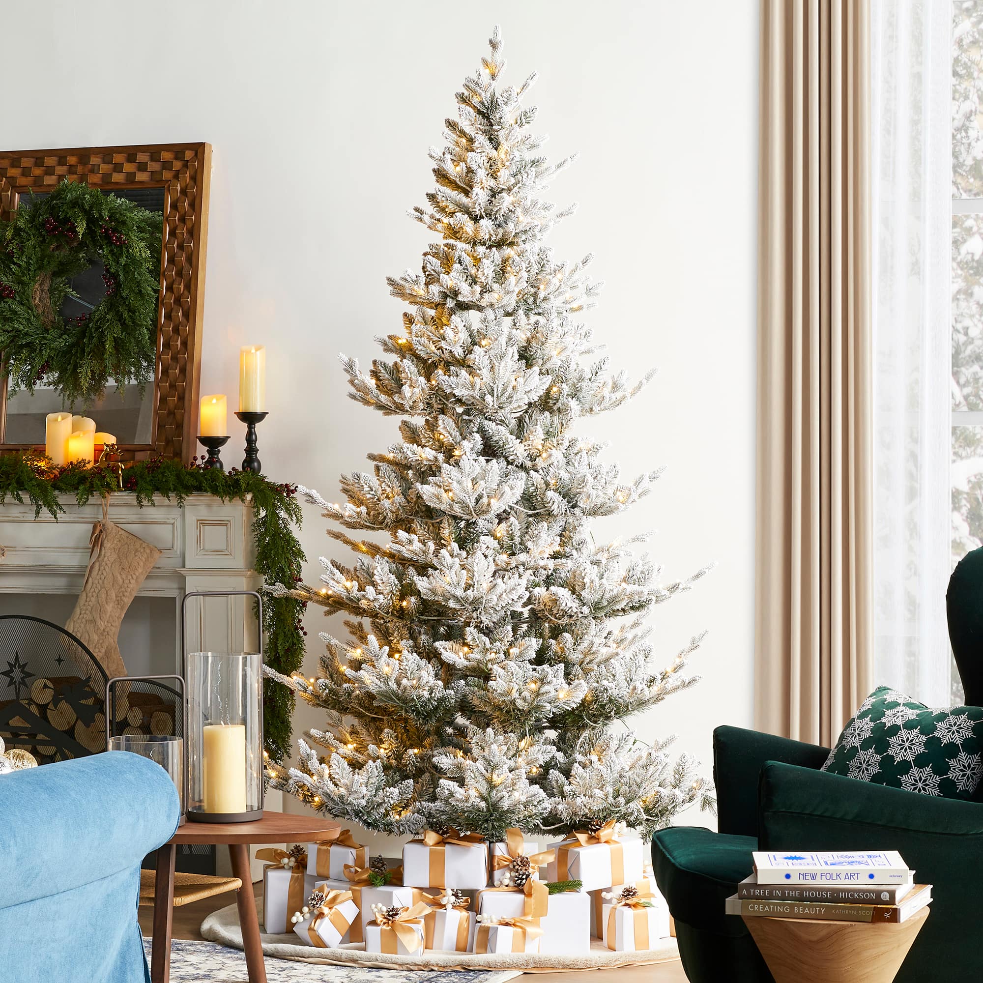 Glitzhome&#xAE; 7.5ft Pre-Lit Flocked Upward Slim Fir Artificial Christmas Tree, Warm White LED Lights