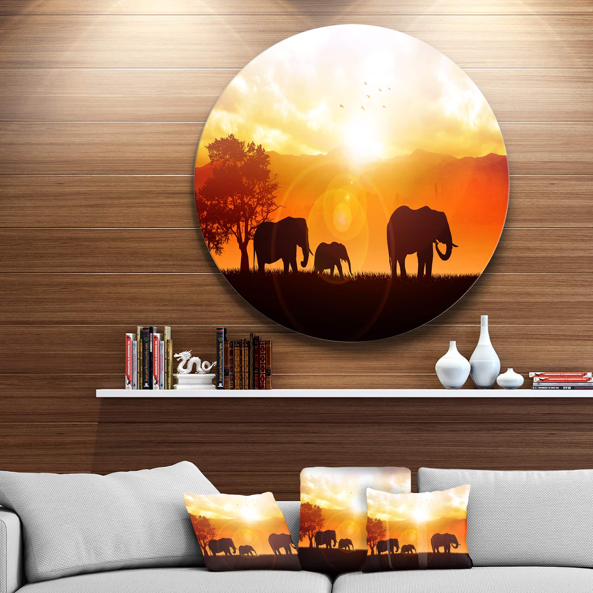 Designart - Elephants Walking At Sunset' African Metal Circle Wall Art