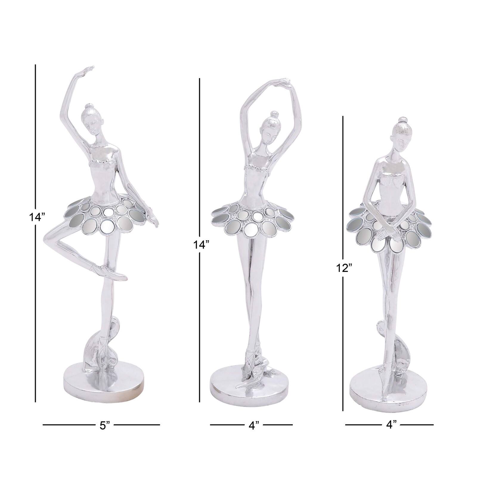 Set of 3 Silver Polystone Modern Dancer Sculpture, 14", 14", 12"