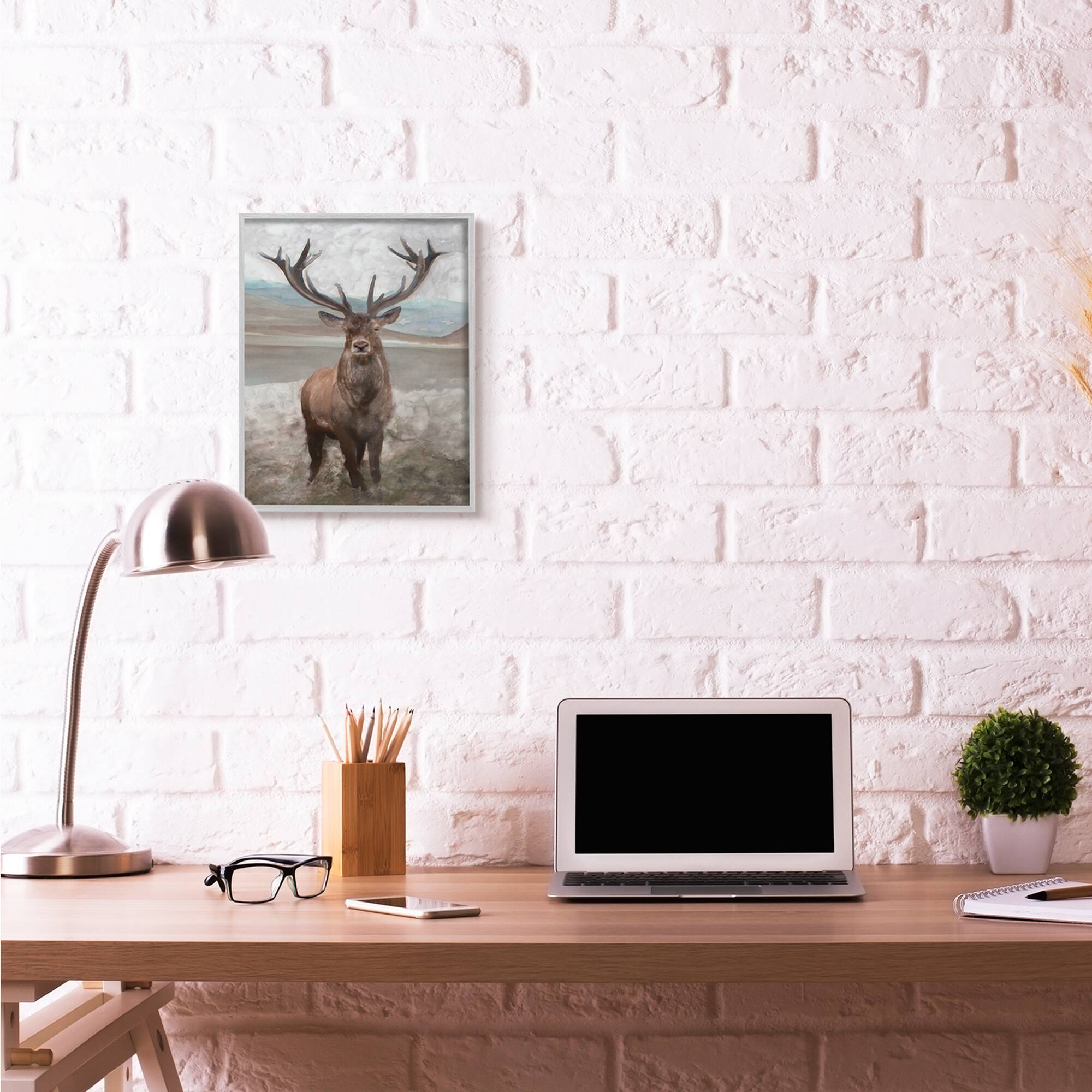 Stupell Industries Moose Encounter Landscape Animal Watercolor Painting in Gray Frame Wall Art