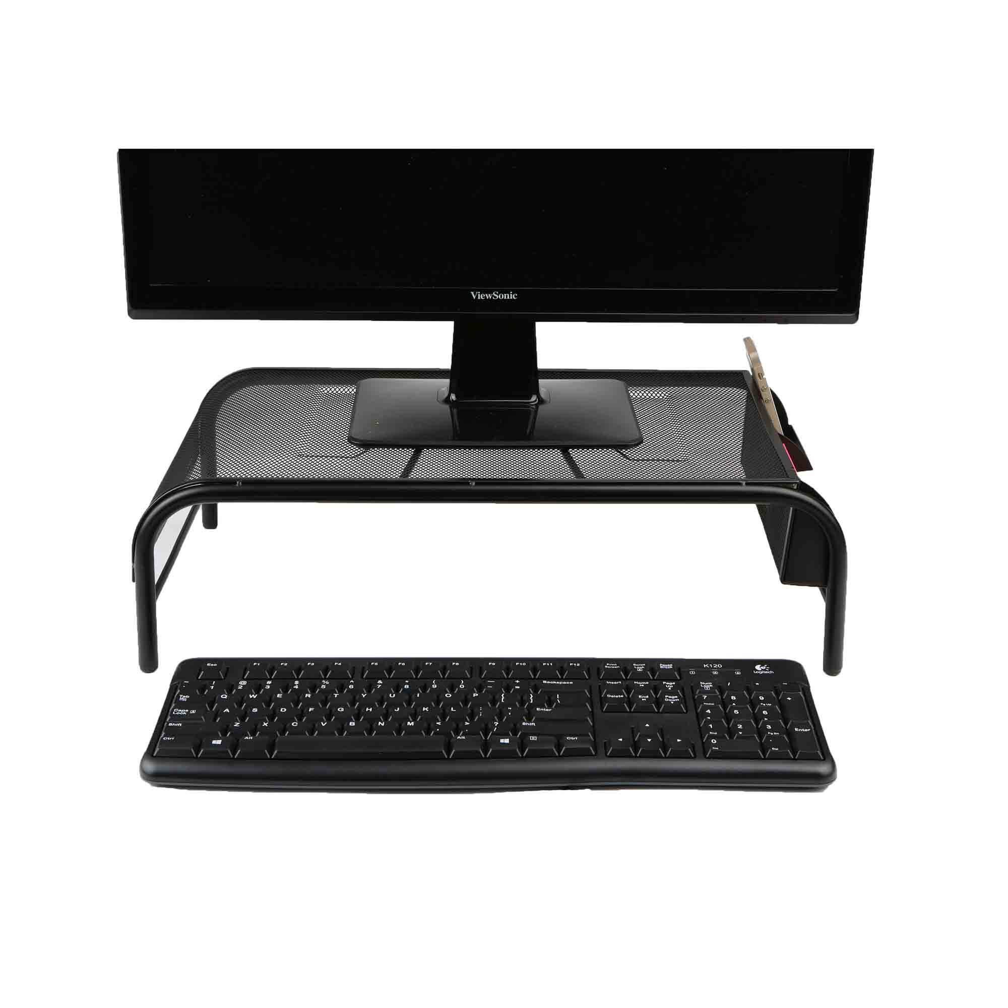 Mind Reader Black Metal Mesh Monitor Stand with Storage Compartments