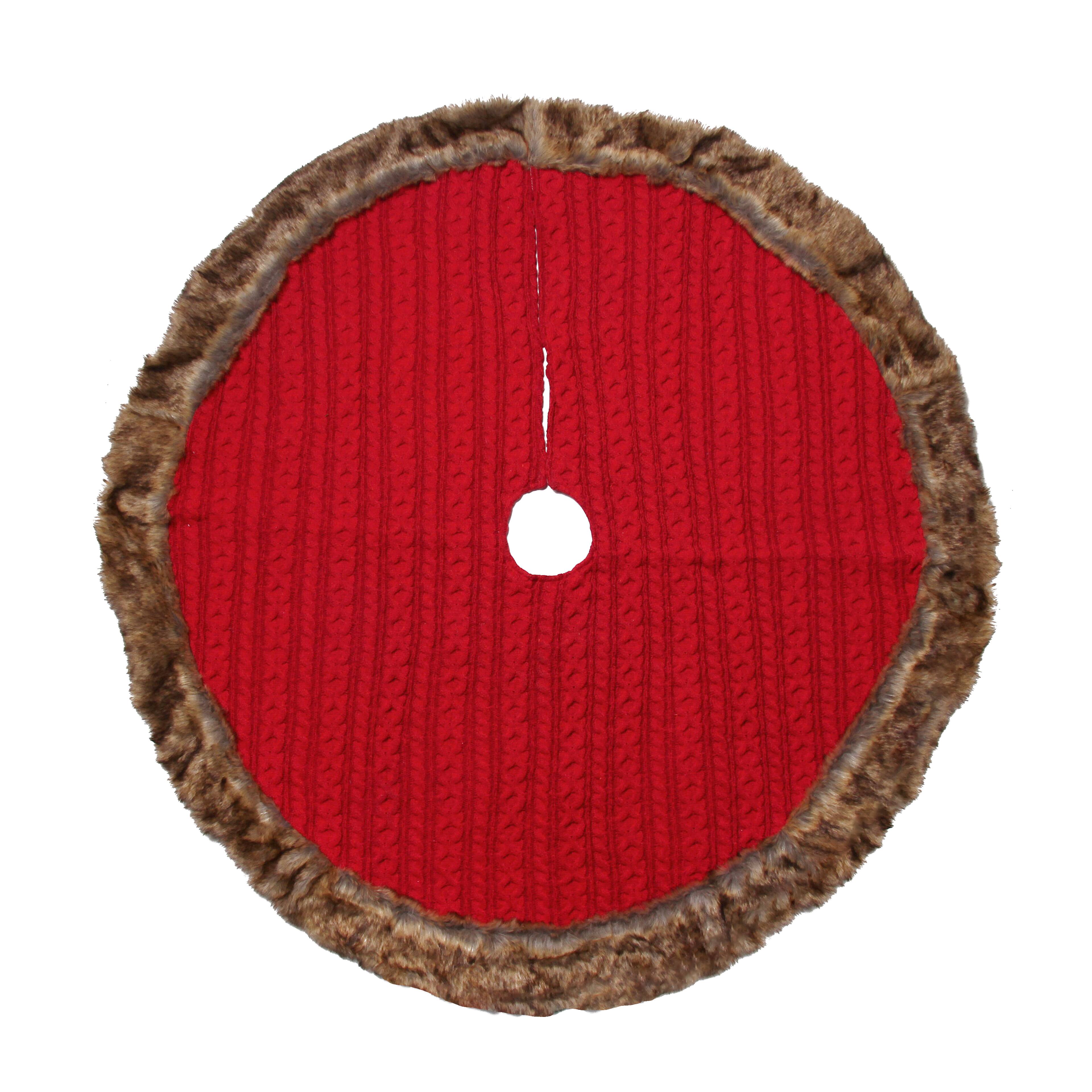48" Red Cable Knit Tree Skirt with Brown Fur by Ashland® Tree Skirts
