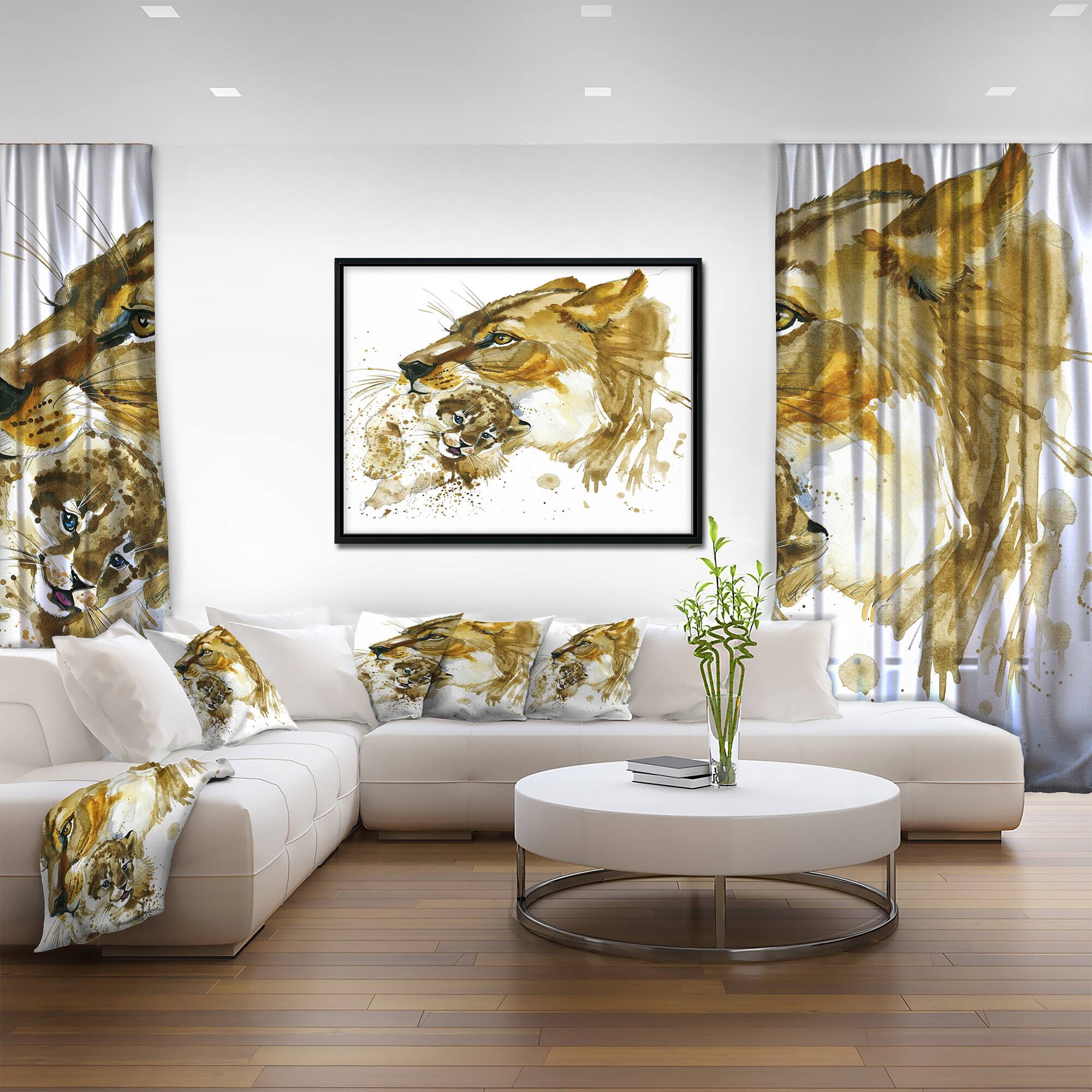 Designart - Lioness and Cub Illustration - Animal Painting Canvas Art in Black Frame