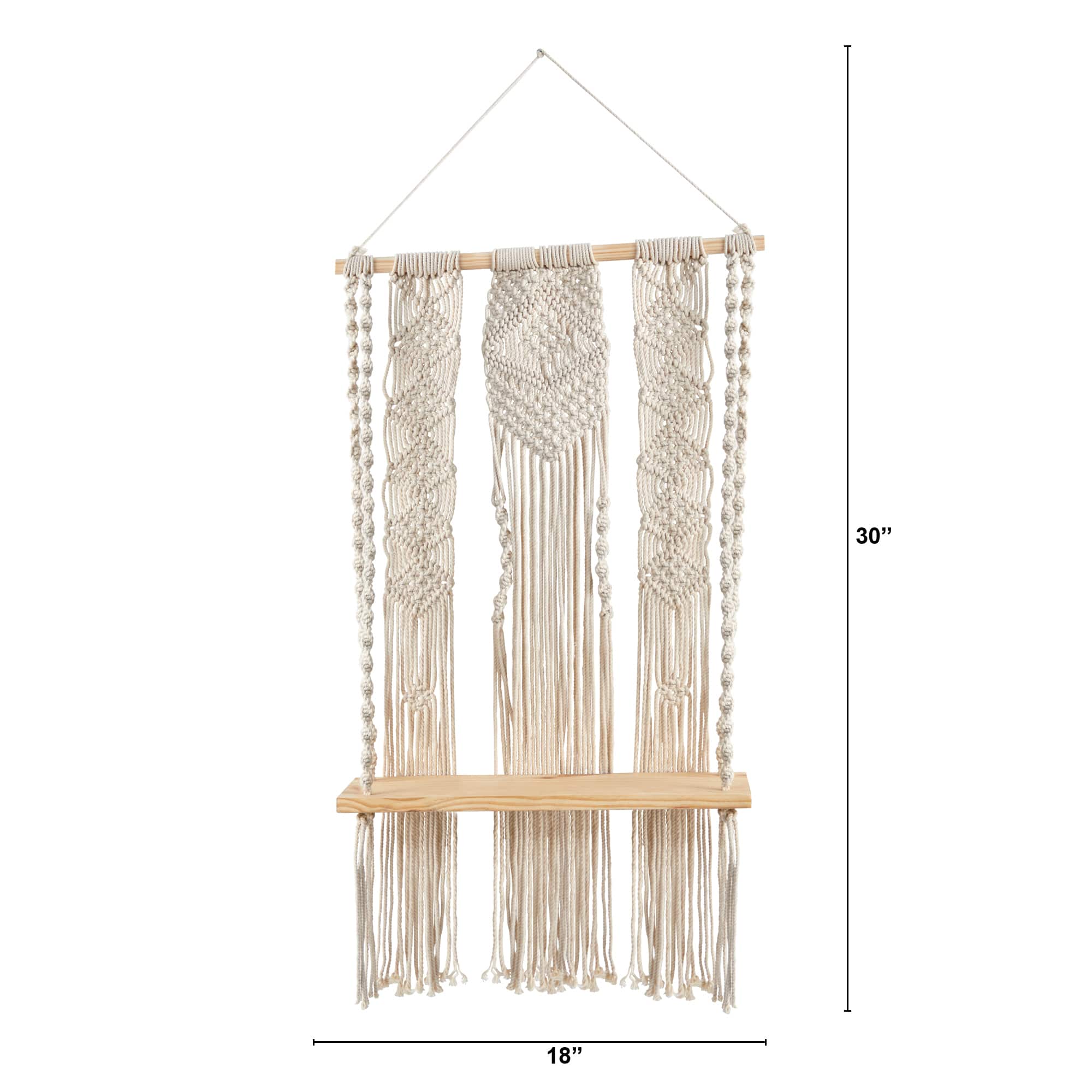 2.5ft. x 1.5ft. Layered Macrame Wall Hanging with Wooden Shelf