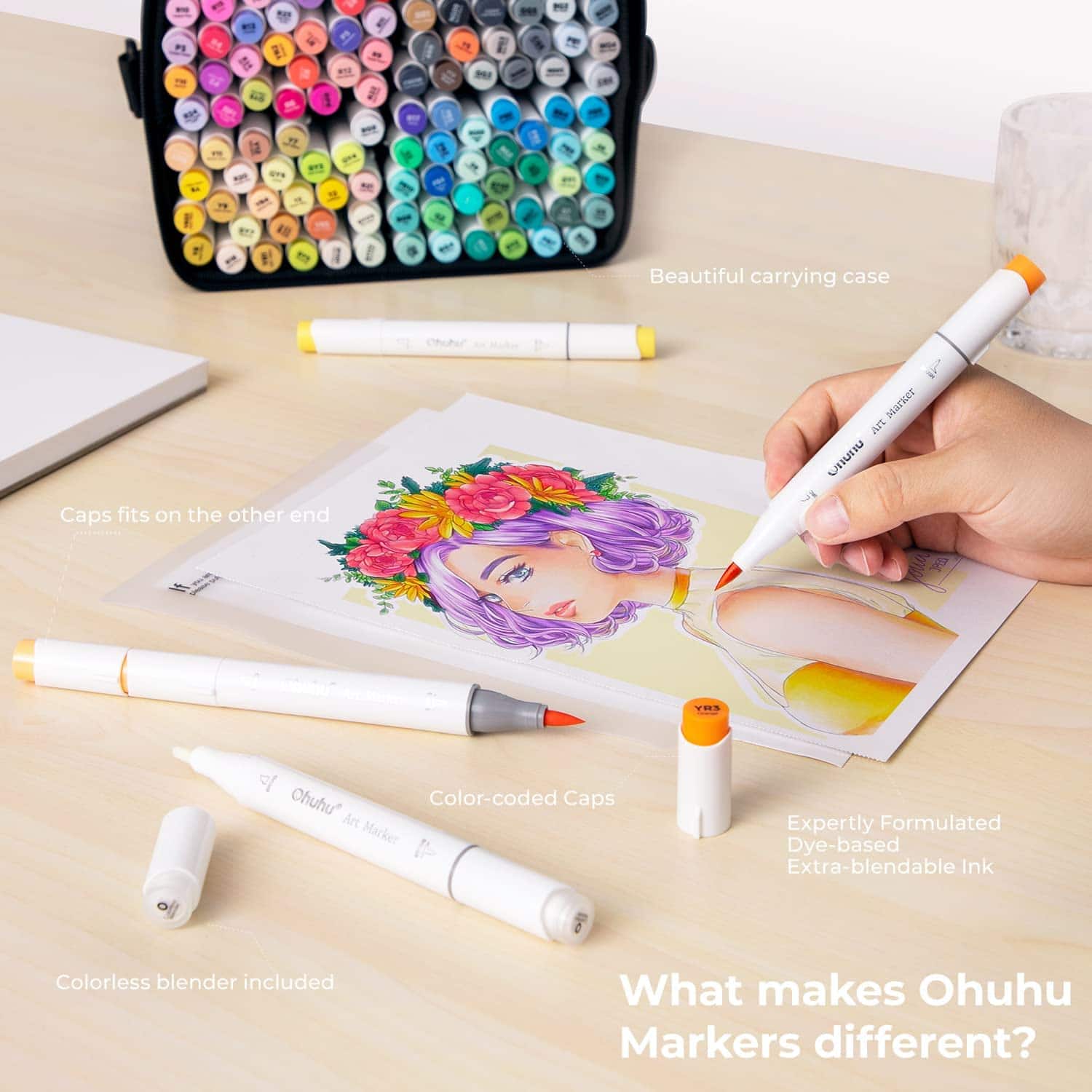 Ohuhu® 120-Color Alcohol-Based Brush-and-Chisel Dual-Tip Art Marker Set