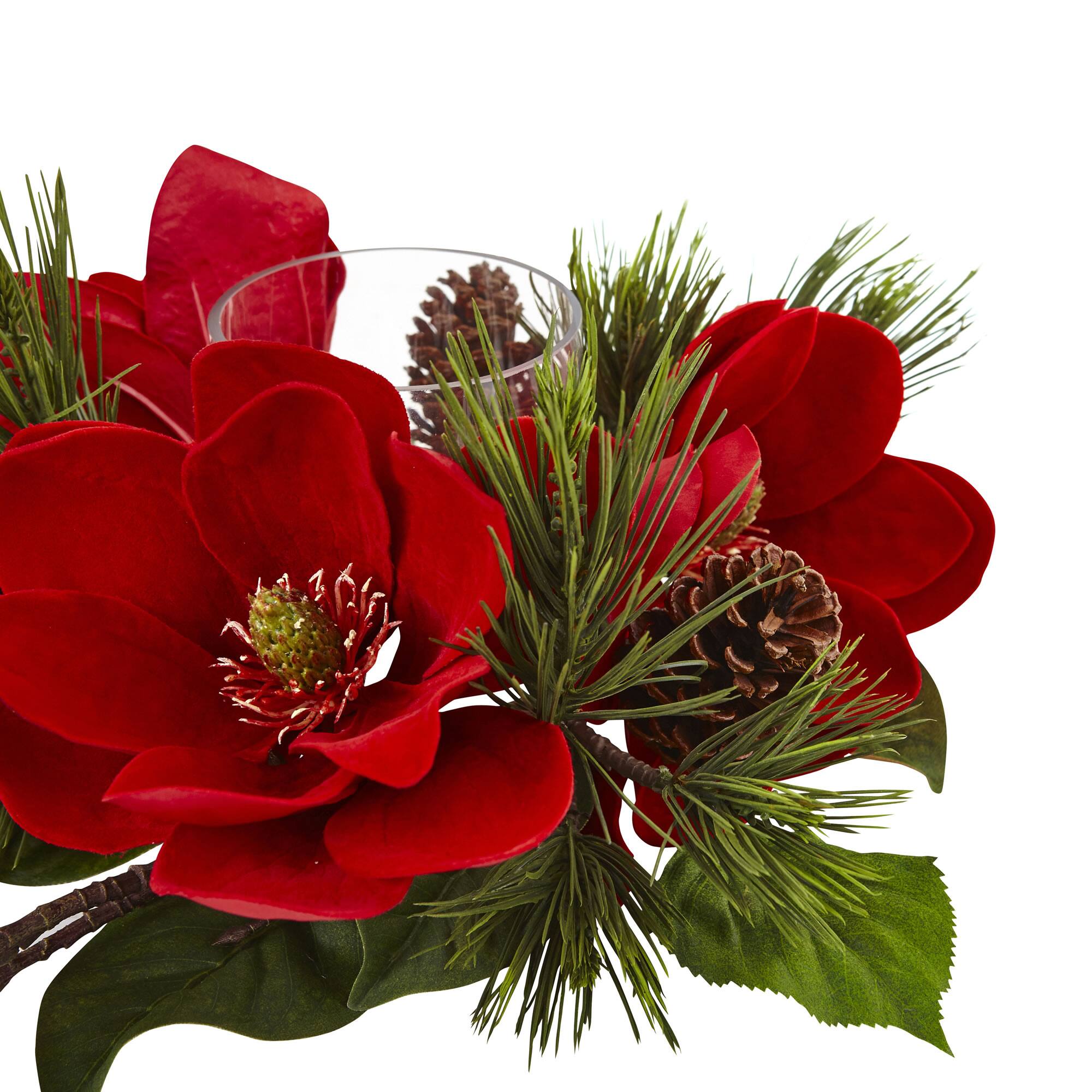 7" Red Magnolia & Pine Candelabrum