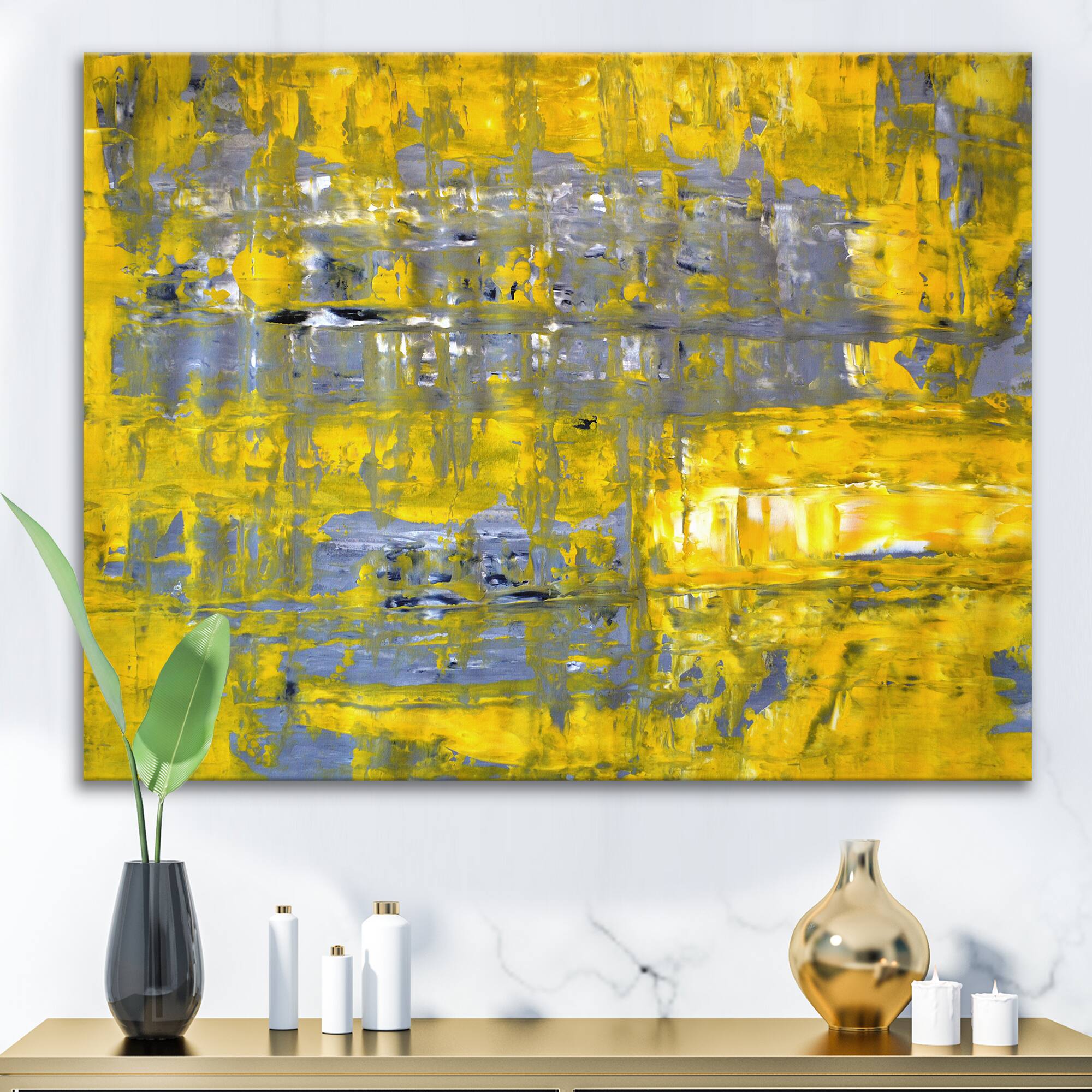 Designart - Yellow Meets Grey Abstract Art I - Modern Canvas Wall Art Print