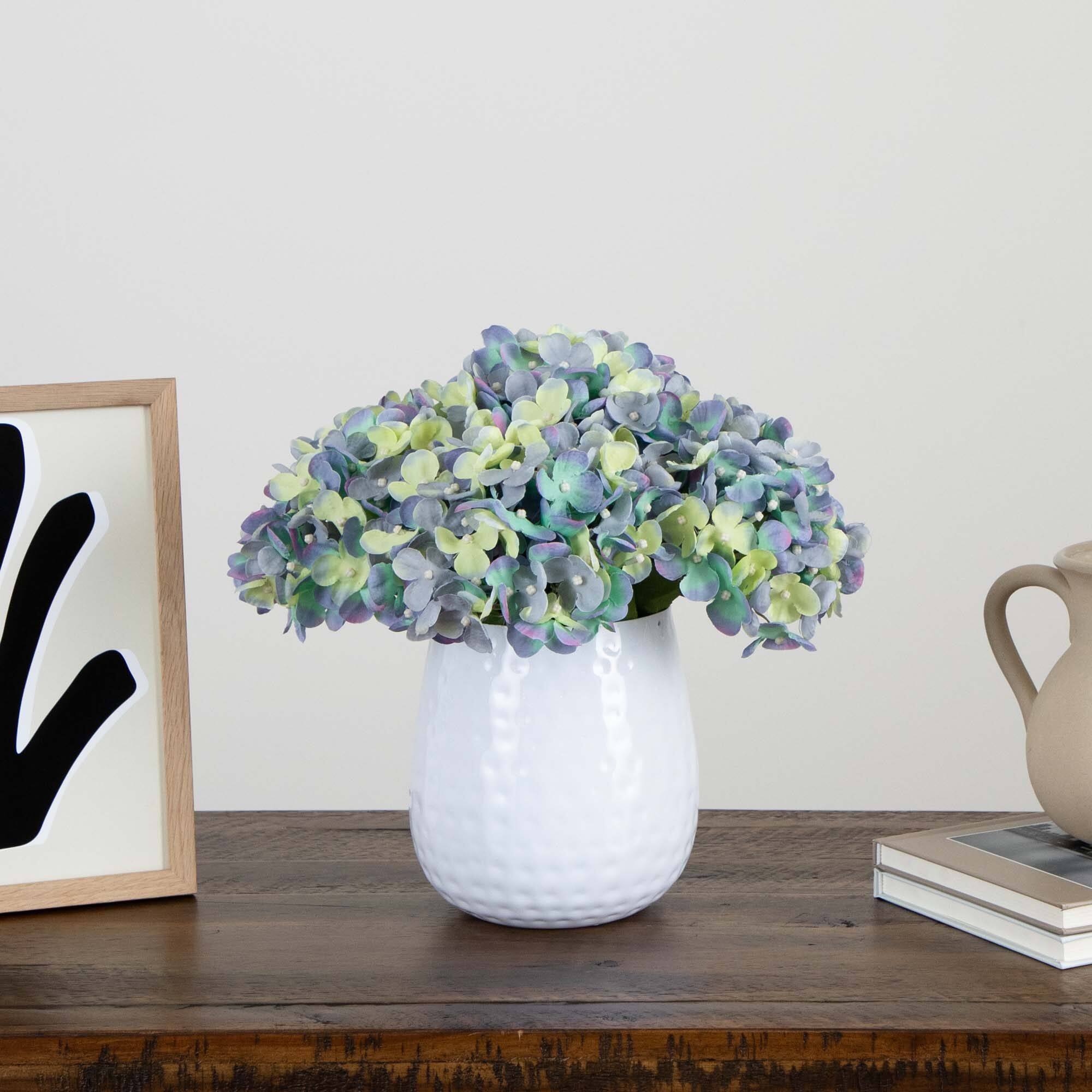 11" Hydrangea Arrangement in White Metal Vase