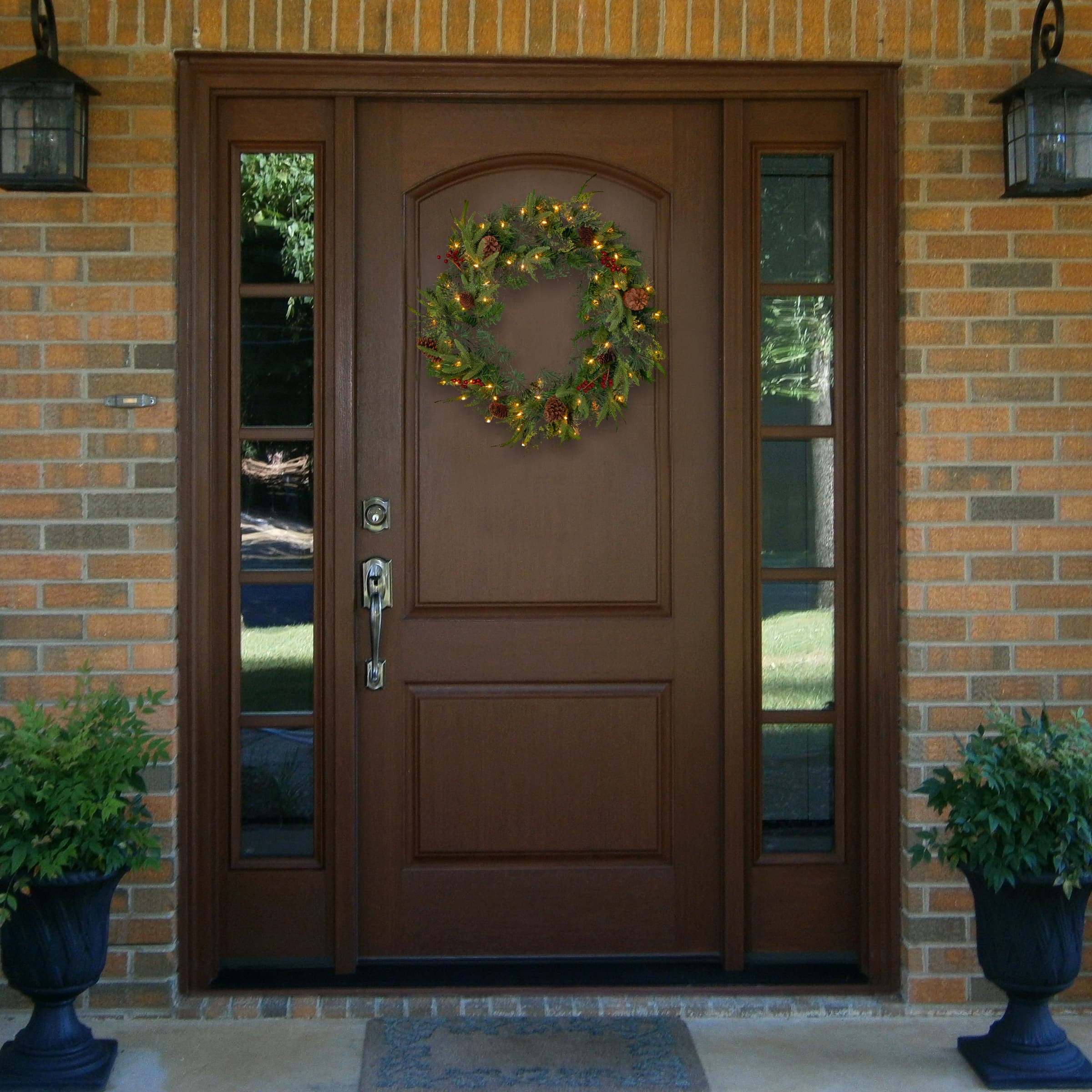 24&#x22; Feel Real&#xAE; Colonial Wreath with Pine Cones, Red Berries &#x26; Dual Color LED Lights