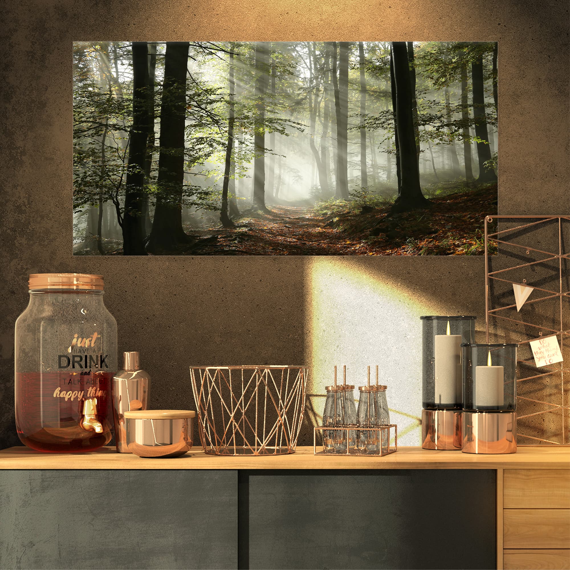 Designart - Light in Dense Fall Forest with Fog - Landscape Art Print Canvas