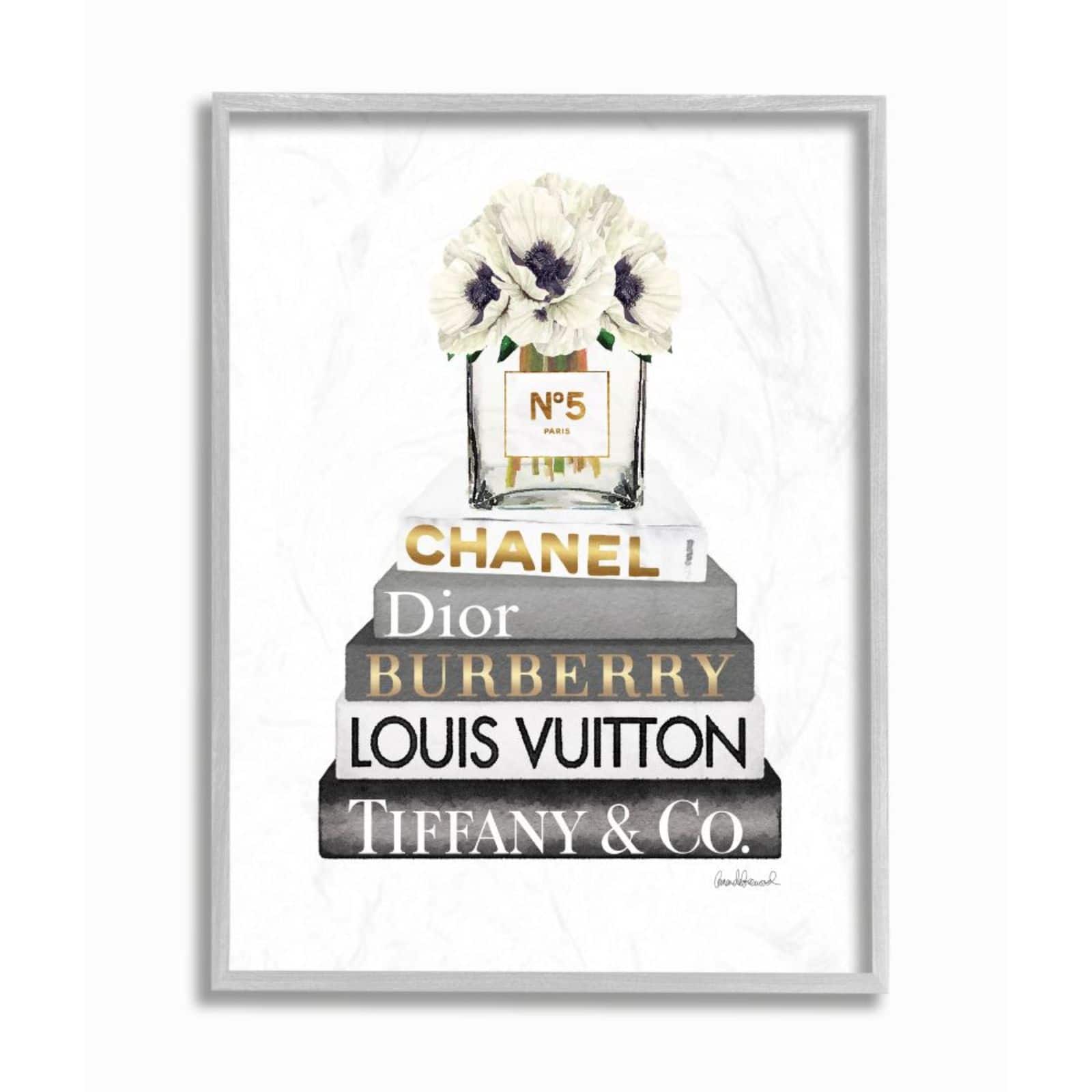 Stupell Industries White, Gray, & Gold Designer Bookstack with Florals Gray Framed Wall Art