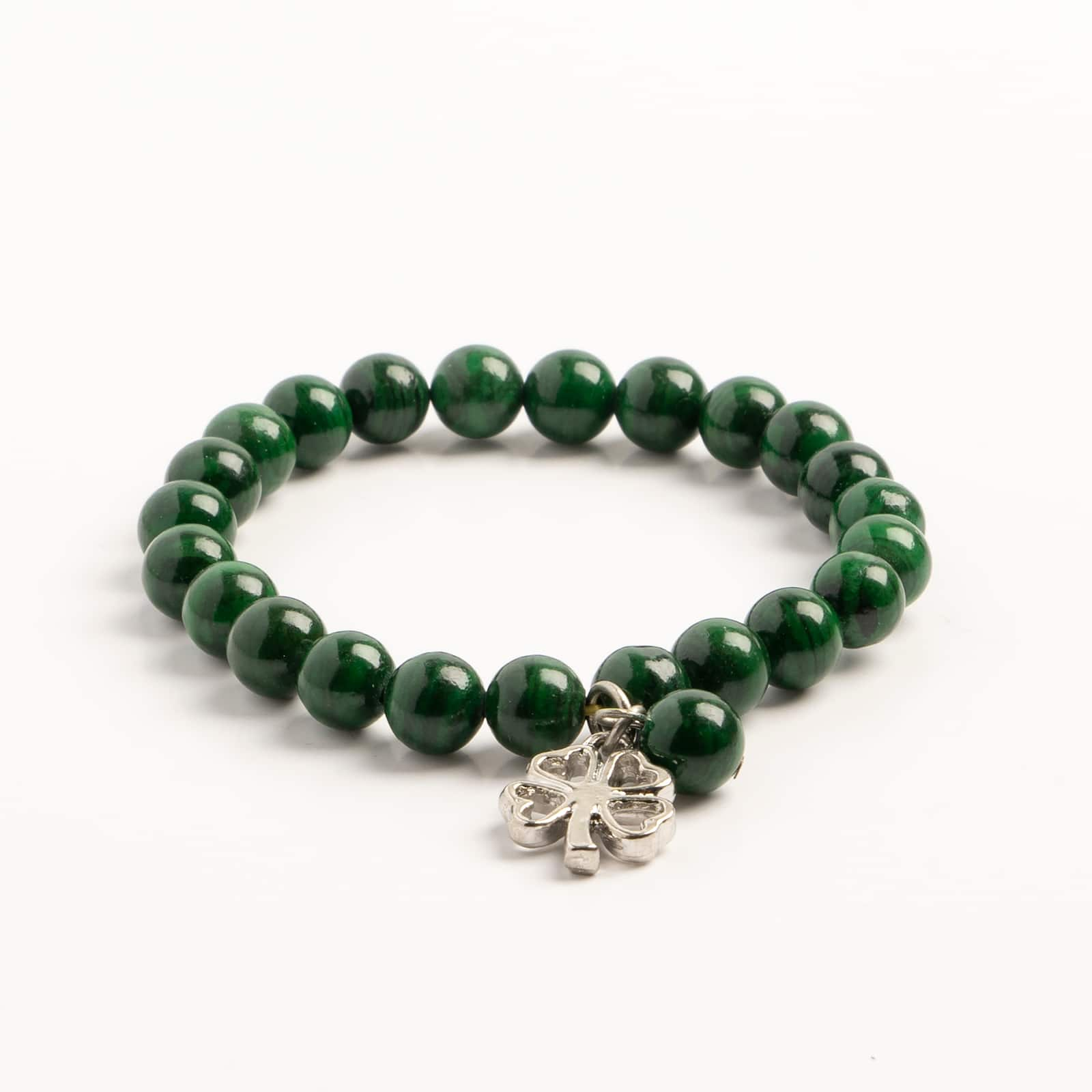 John Bead Malachite Natural Stone Stretch Bracelet with Clover Charm