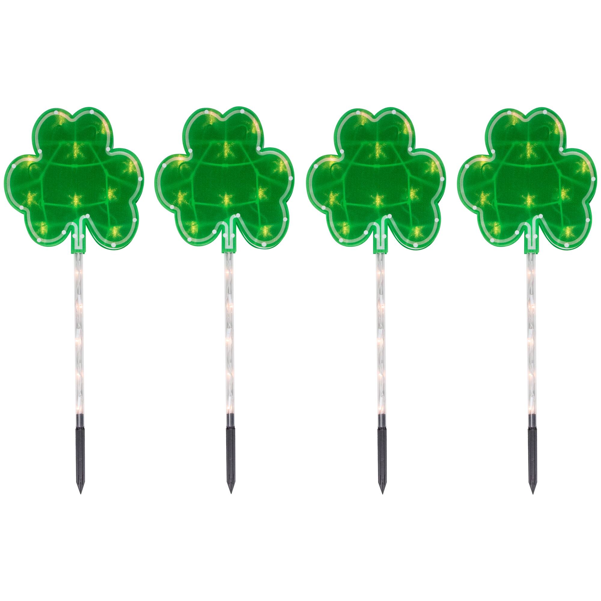 4ct Green St Patrick's Day Shamrock Pathway Marker Lawn Stakes Clear Lights