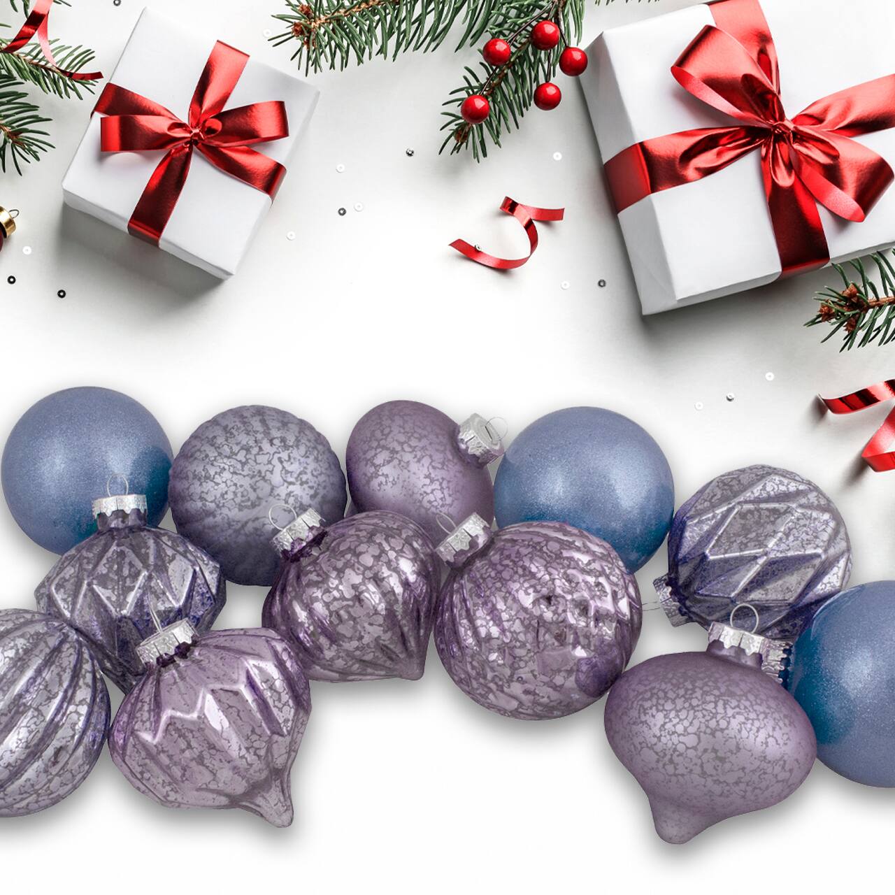 12ct. 3&#x22; Glitter &#x26; Matte Purple Tone Finial &#x26; Glass Ball Christmas Ornaments