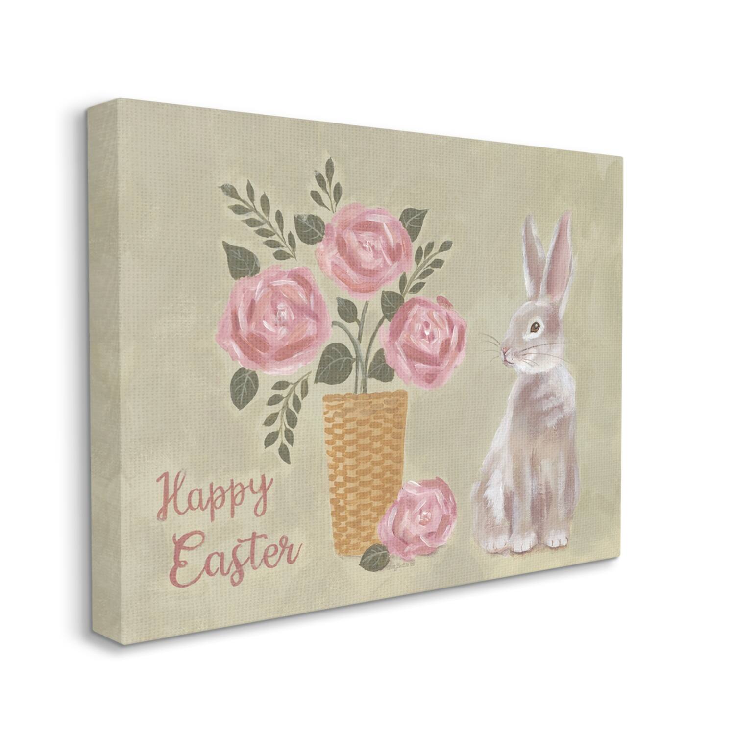 Stupell Industries Happy Easter Bunny Rose Bouquet Canvas Wall Art