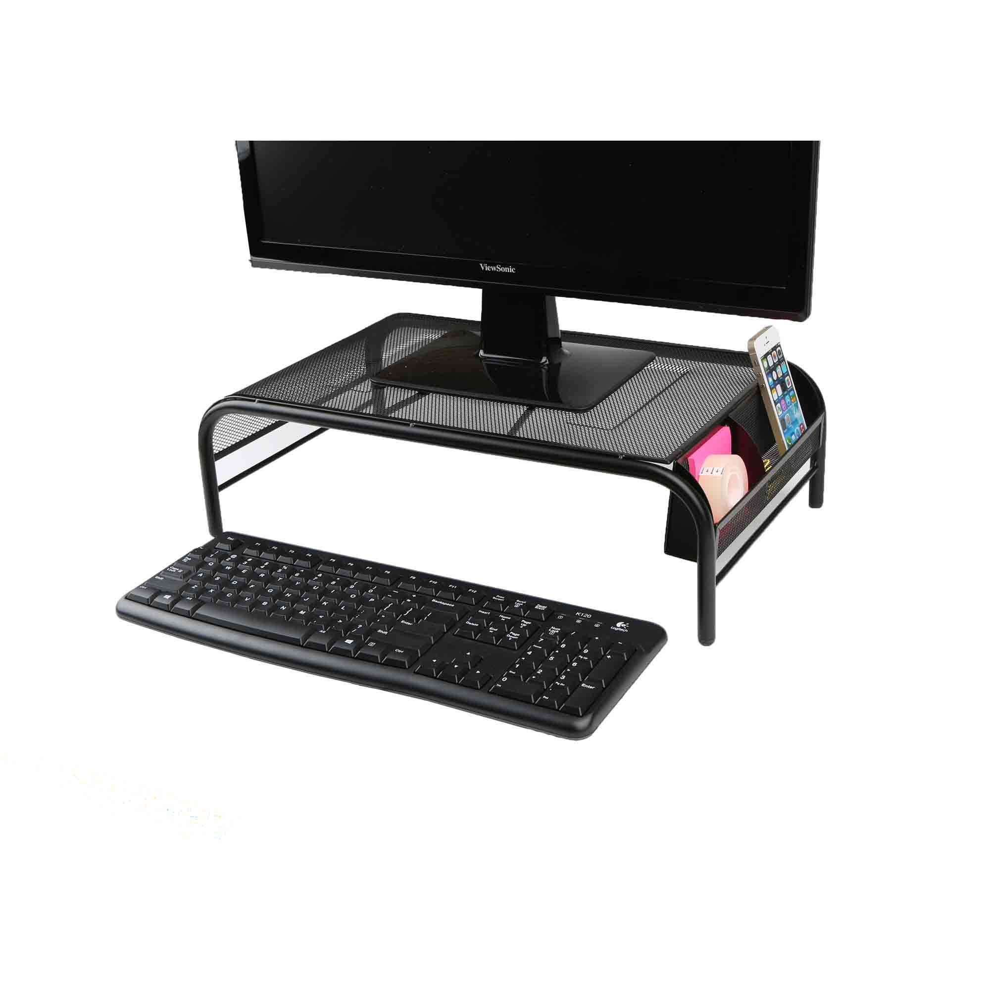 Mind Reader Black Metal Mesh Monitor Stand with Storage Compartments