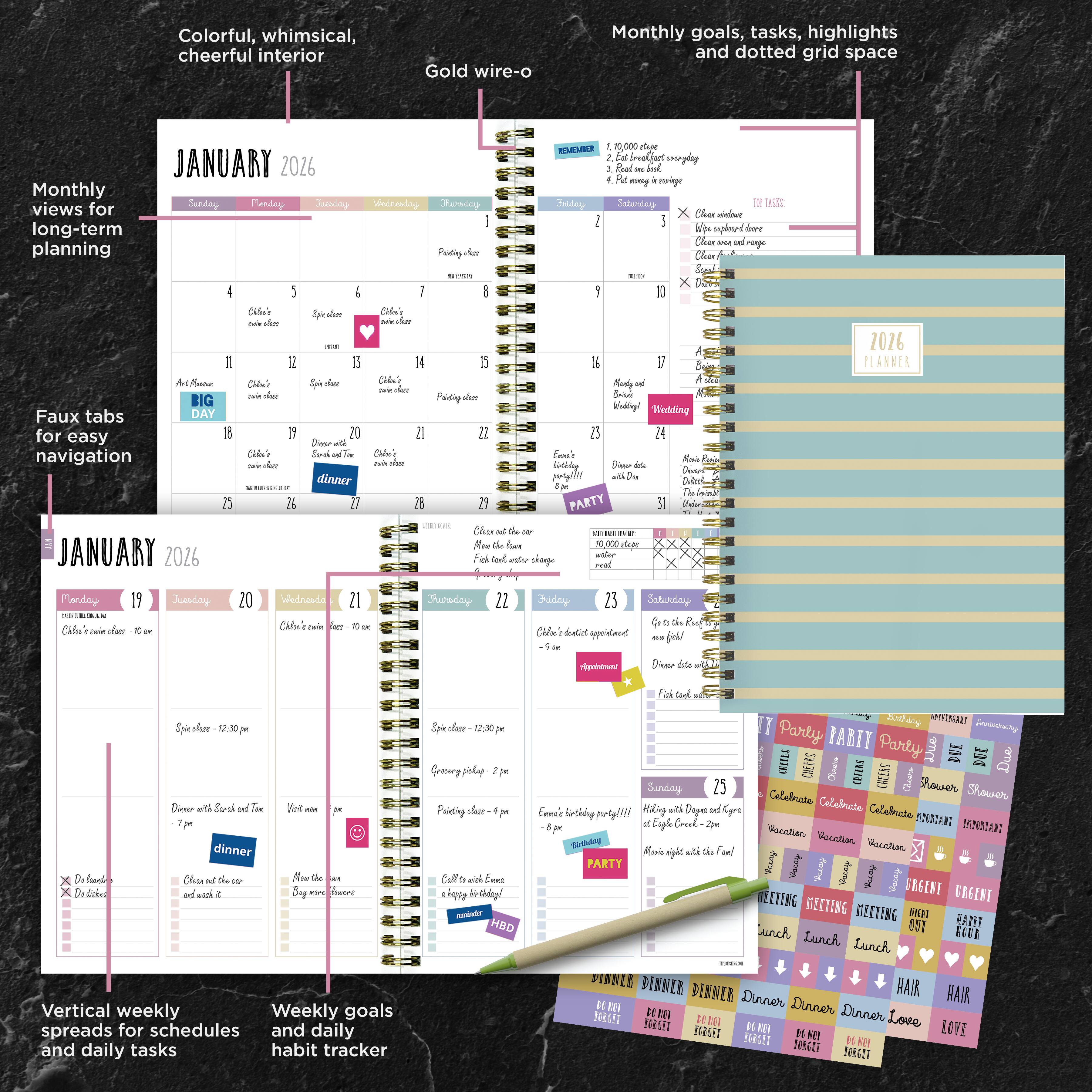 2026 Blue and Gold Lines Medium Weekly Monthly Planner