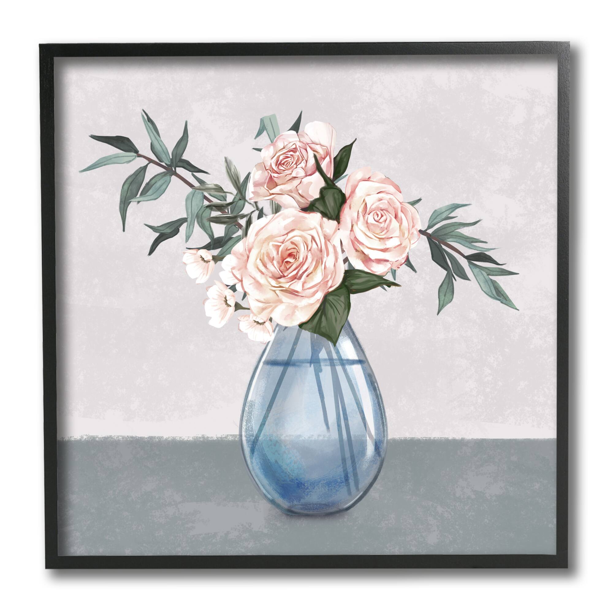 Stupell Industries Pink Roses Blue Teardrop Vase Soft Florals,12" x 12"