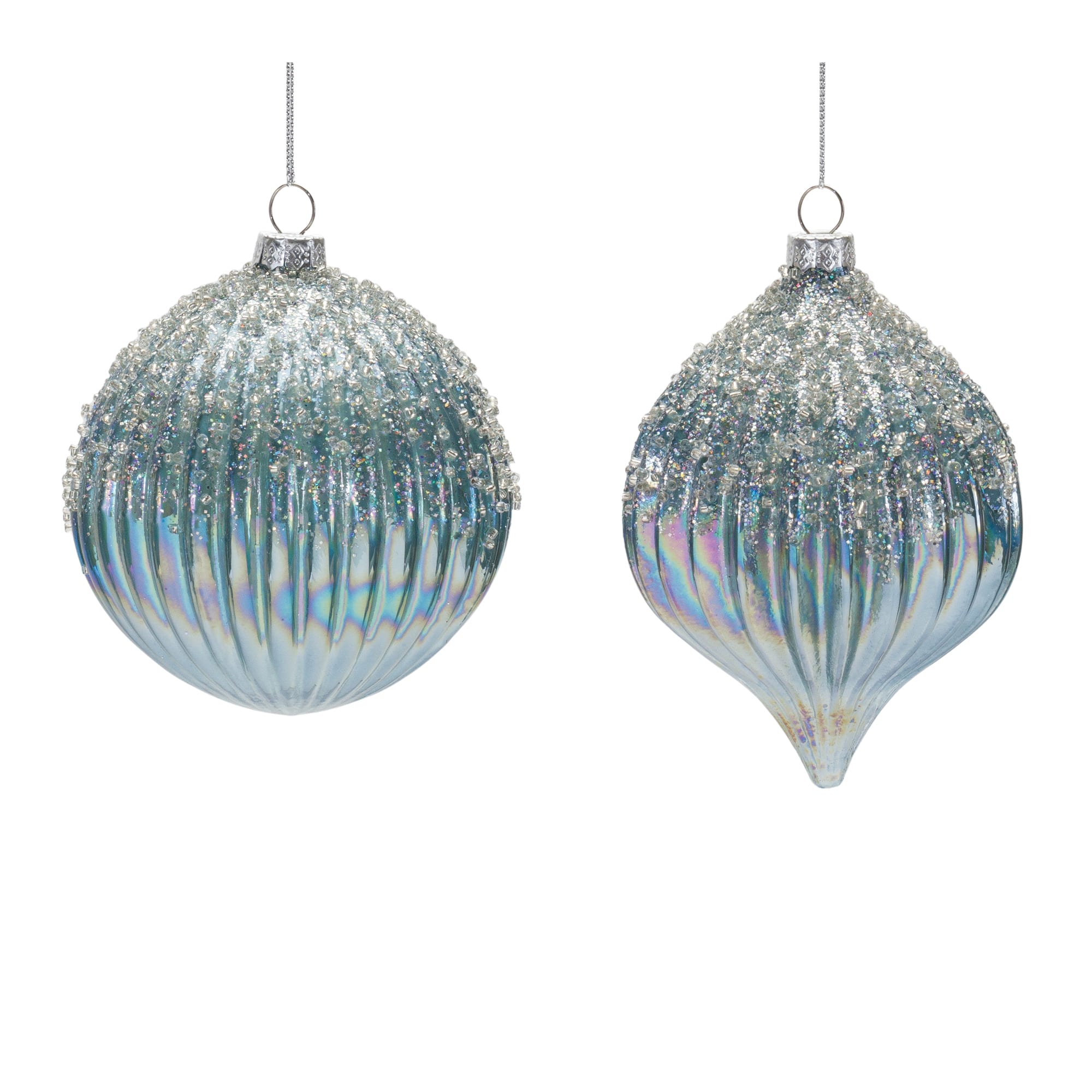 Blue Beaded Iridescent Glass Ornament Set