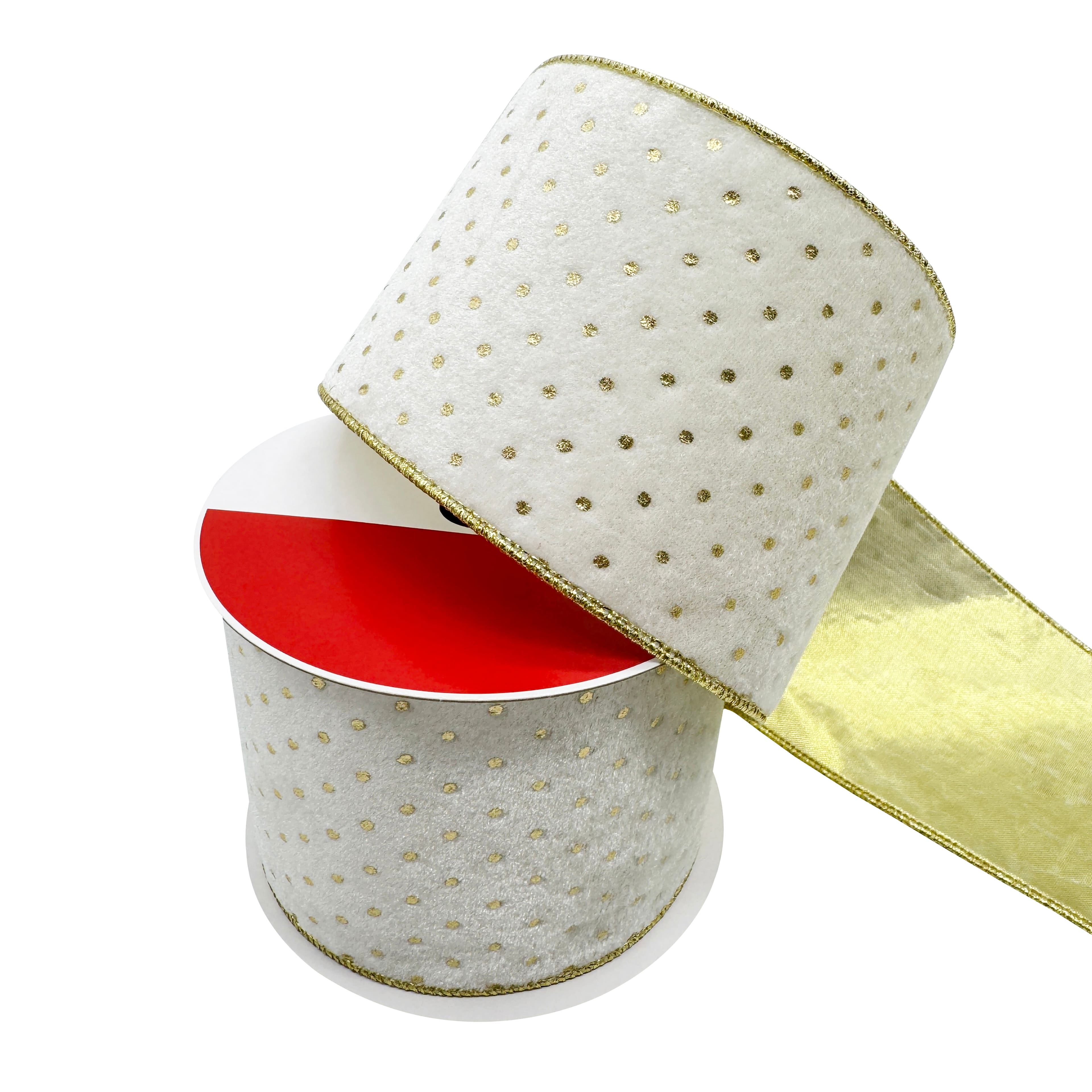 2.5&#x22; x 15ft. Cream &#x26; Gold Dots Wired Velvet Ribbon by Celebrate It&#xAE;