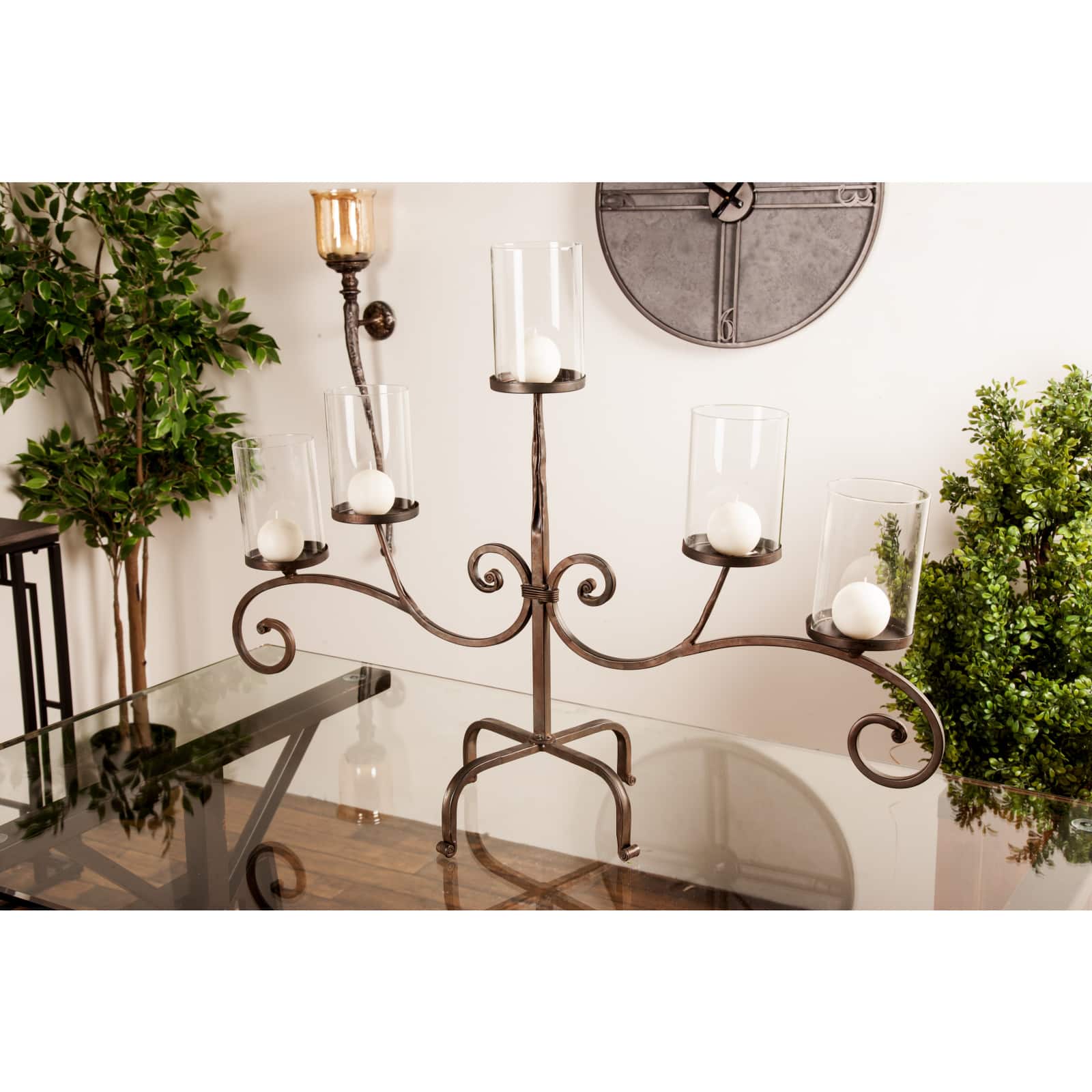 Traditional Black Metal and Glass 5-Light Candelabra, 21&#x22; x 36&#x22; x 13&#x22;