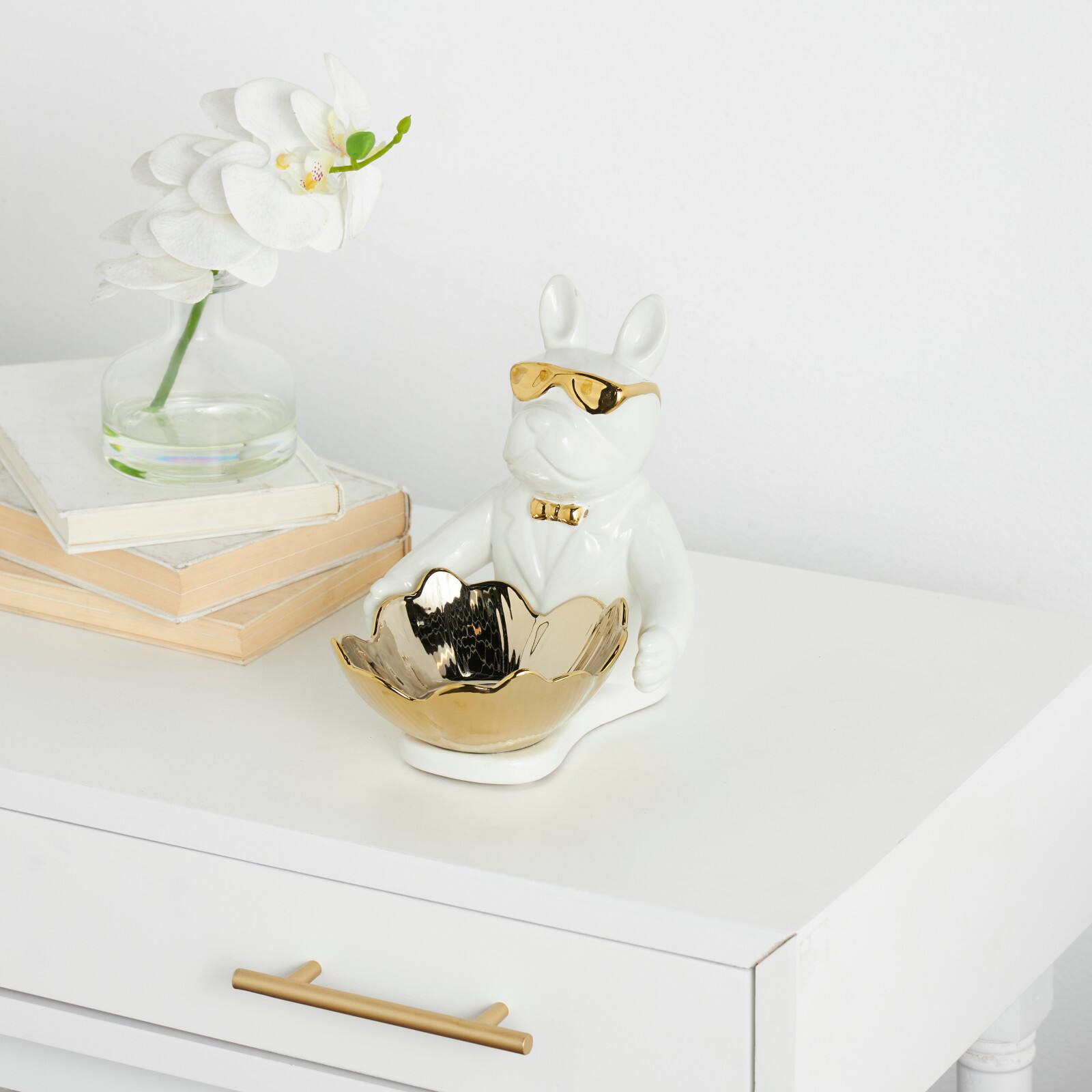 8" White Ceramic Bulldog Sculpture with Gold Accents