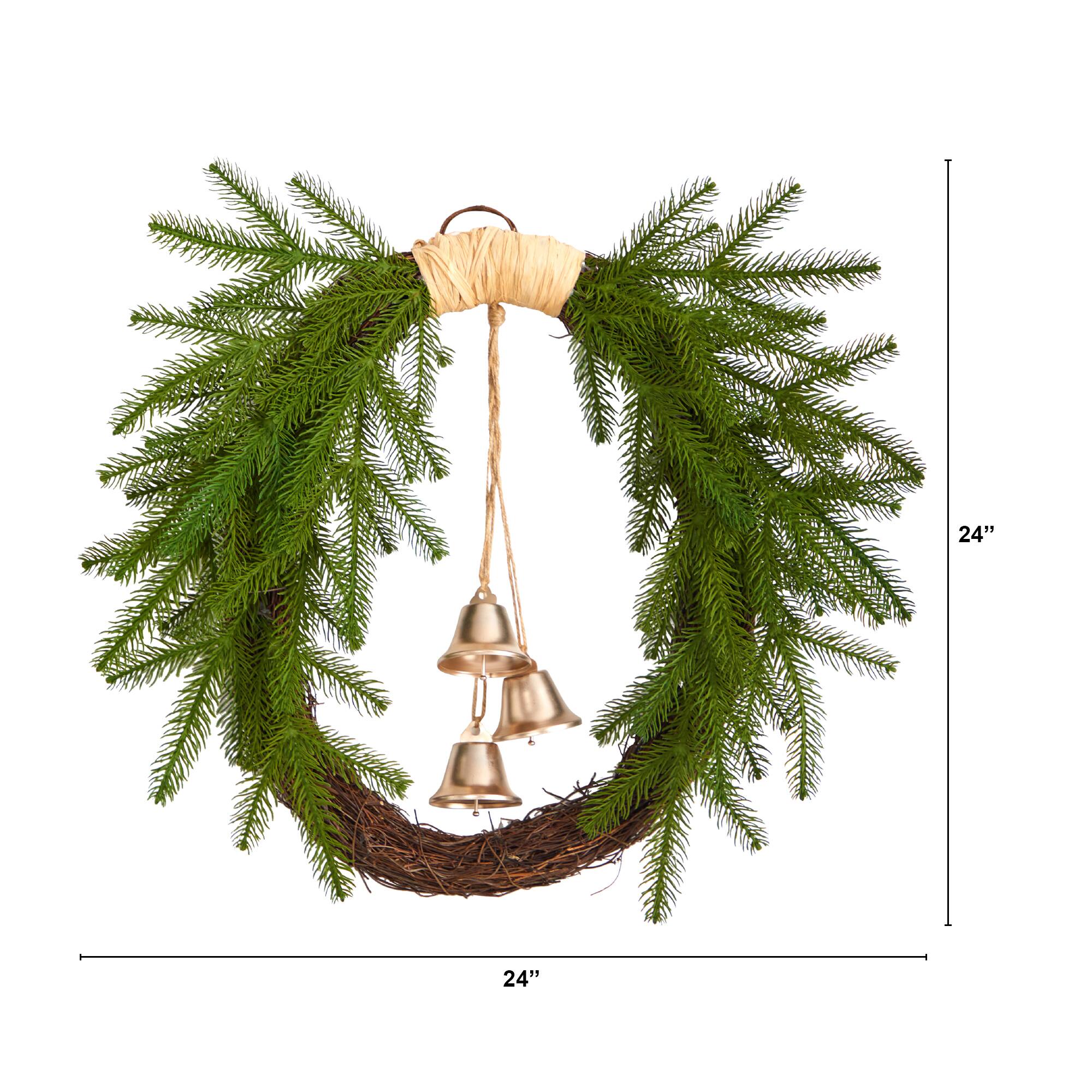 24&#x22; Holiday Christmas Pine And Hanging Bells Wreath