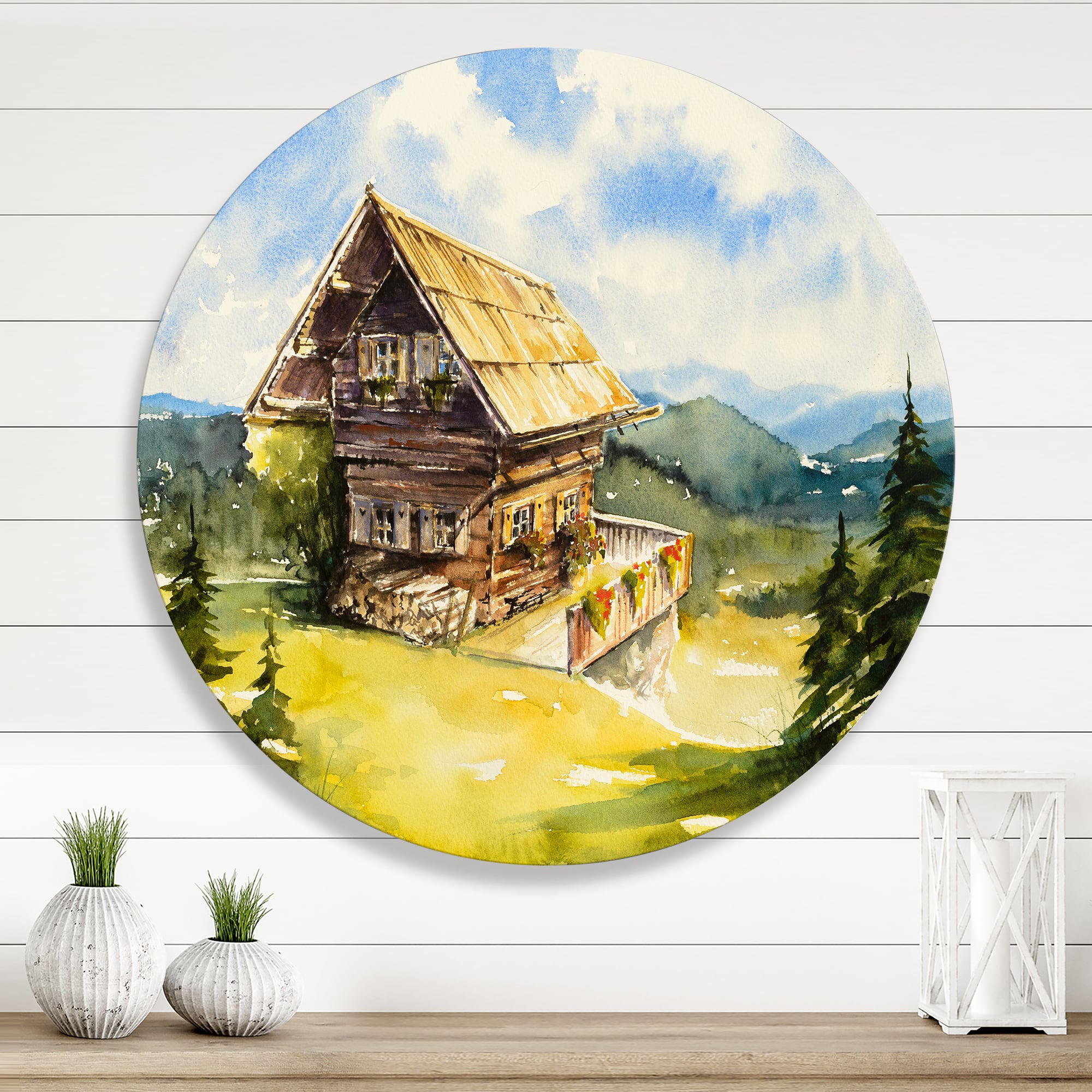 Designart - Peaceful Landscape With Old Cottage At Summer - Traditional Metal Circle Wall Art