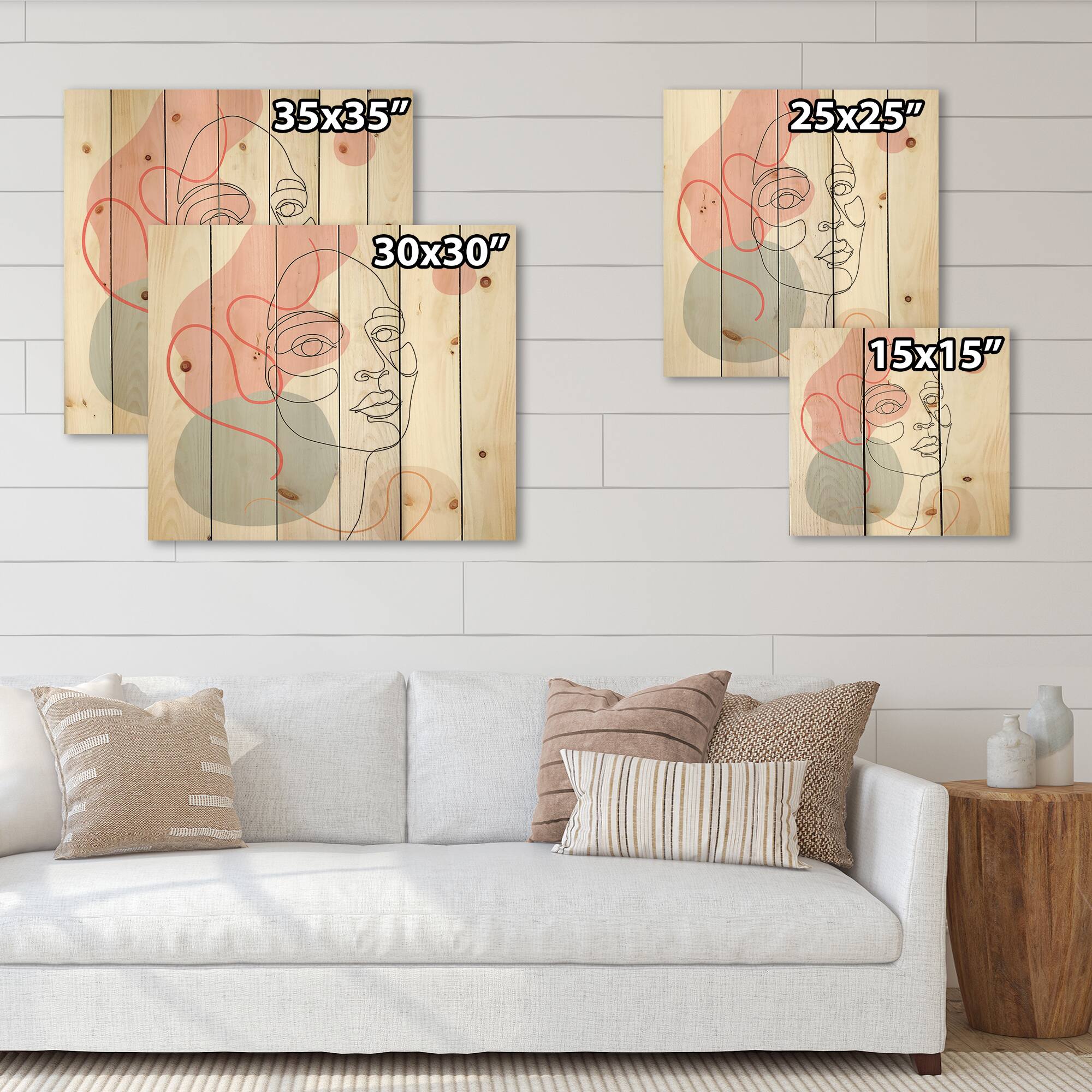 Designart - One Line Drawing of Young Woman In Pastel Tones - Modern Print on Natural Pine Wood