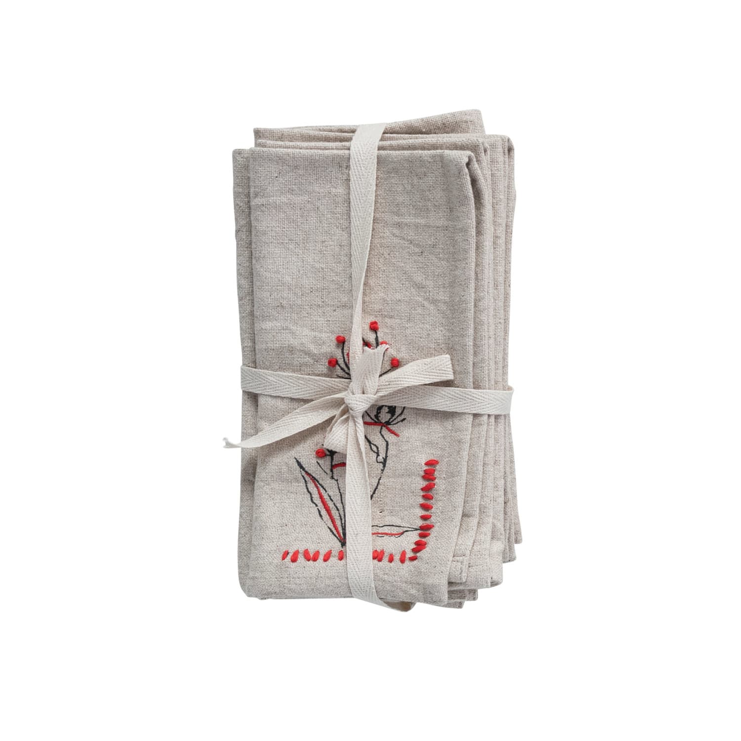 Gray Flower Embroidery &#x26; French Knot Cotton &#x26; Linen Napkins Set