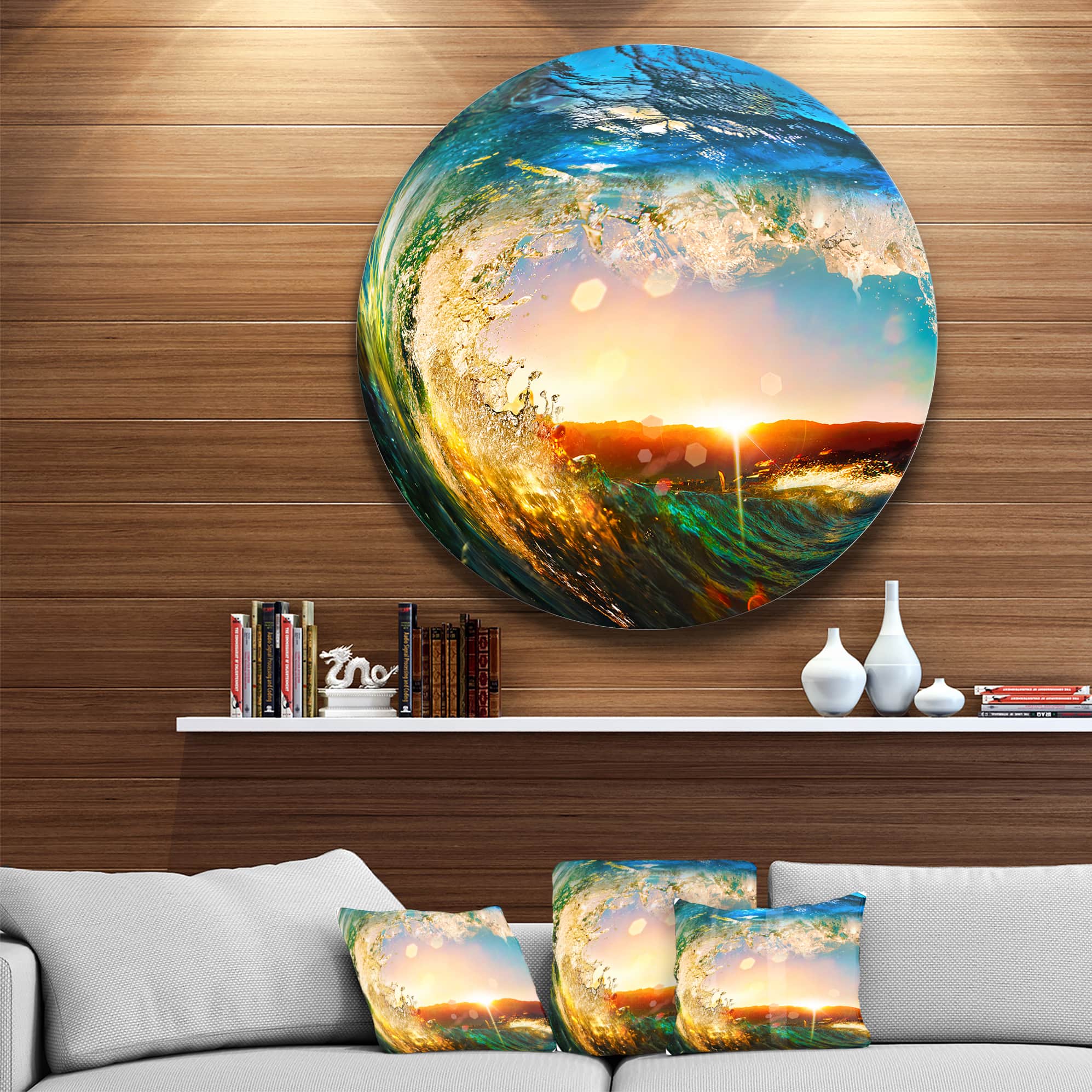 Designart Colored Ocean Seashore Waves Falling Down Metal Circle Wall Art